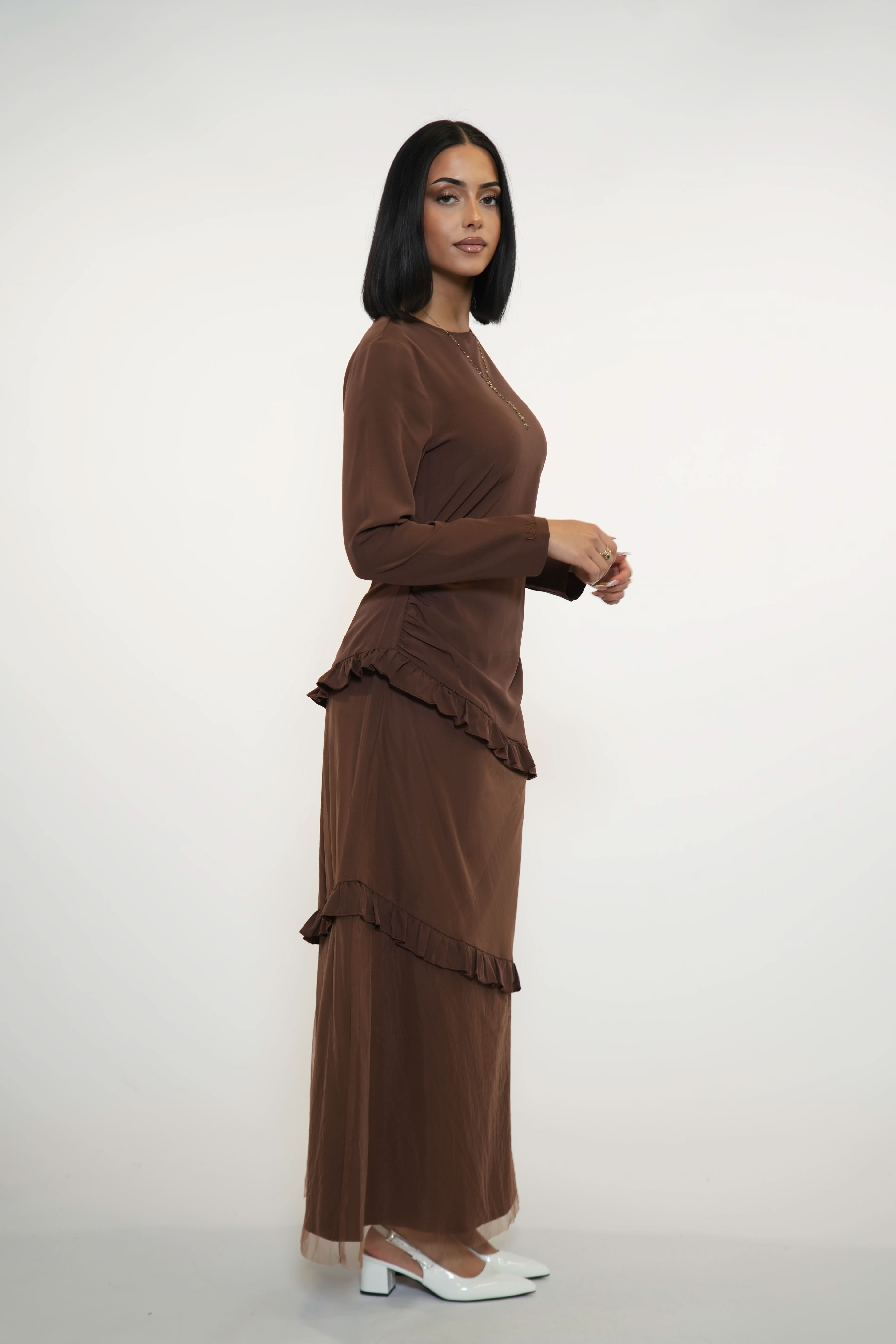 ROMANCE RUFFLE DRESS - ESPRESSO - Losyana.Shop