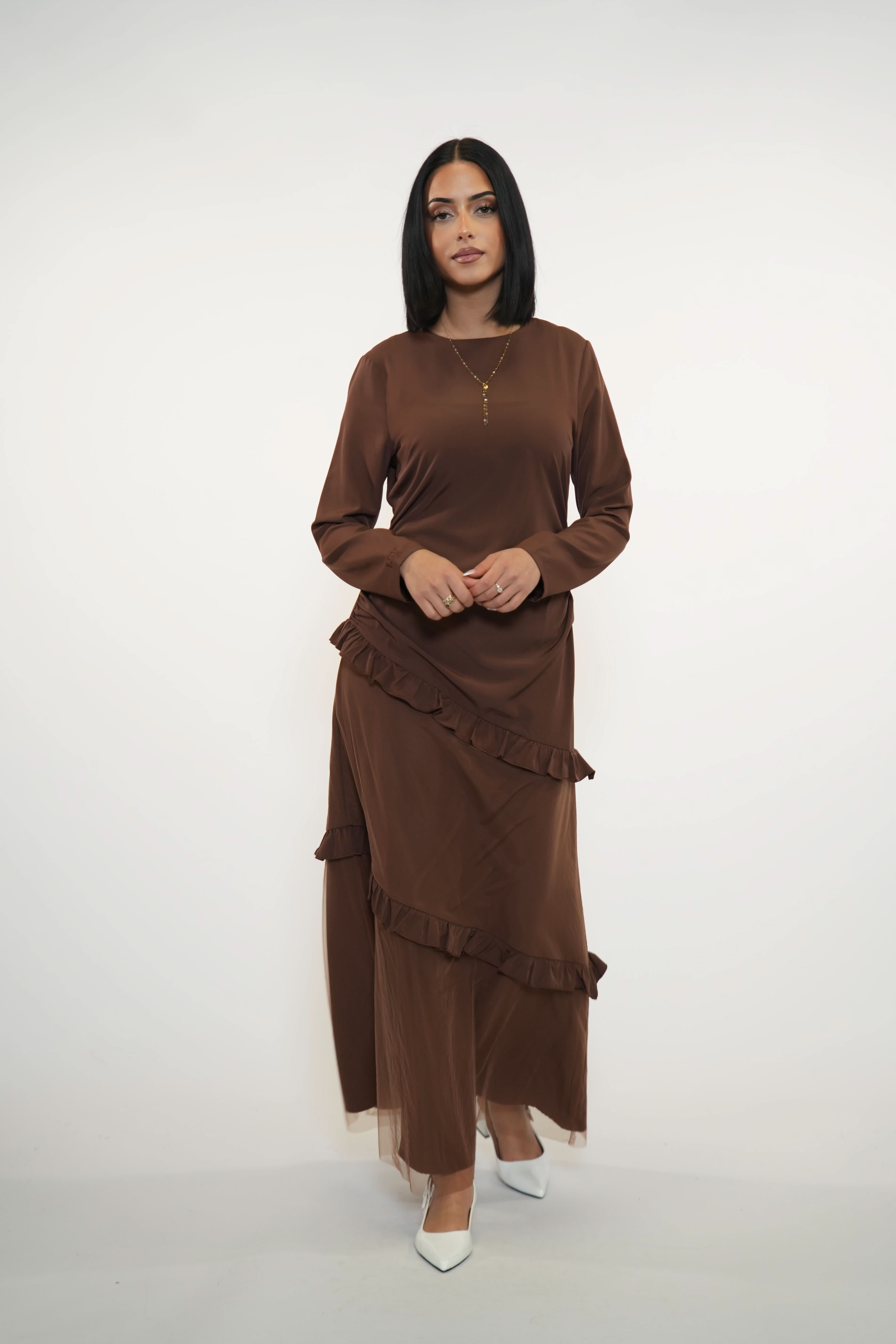 ROMANCE RUFFLE DRESS - ESPRESSO - Losyana.Shop