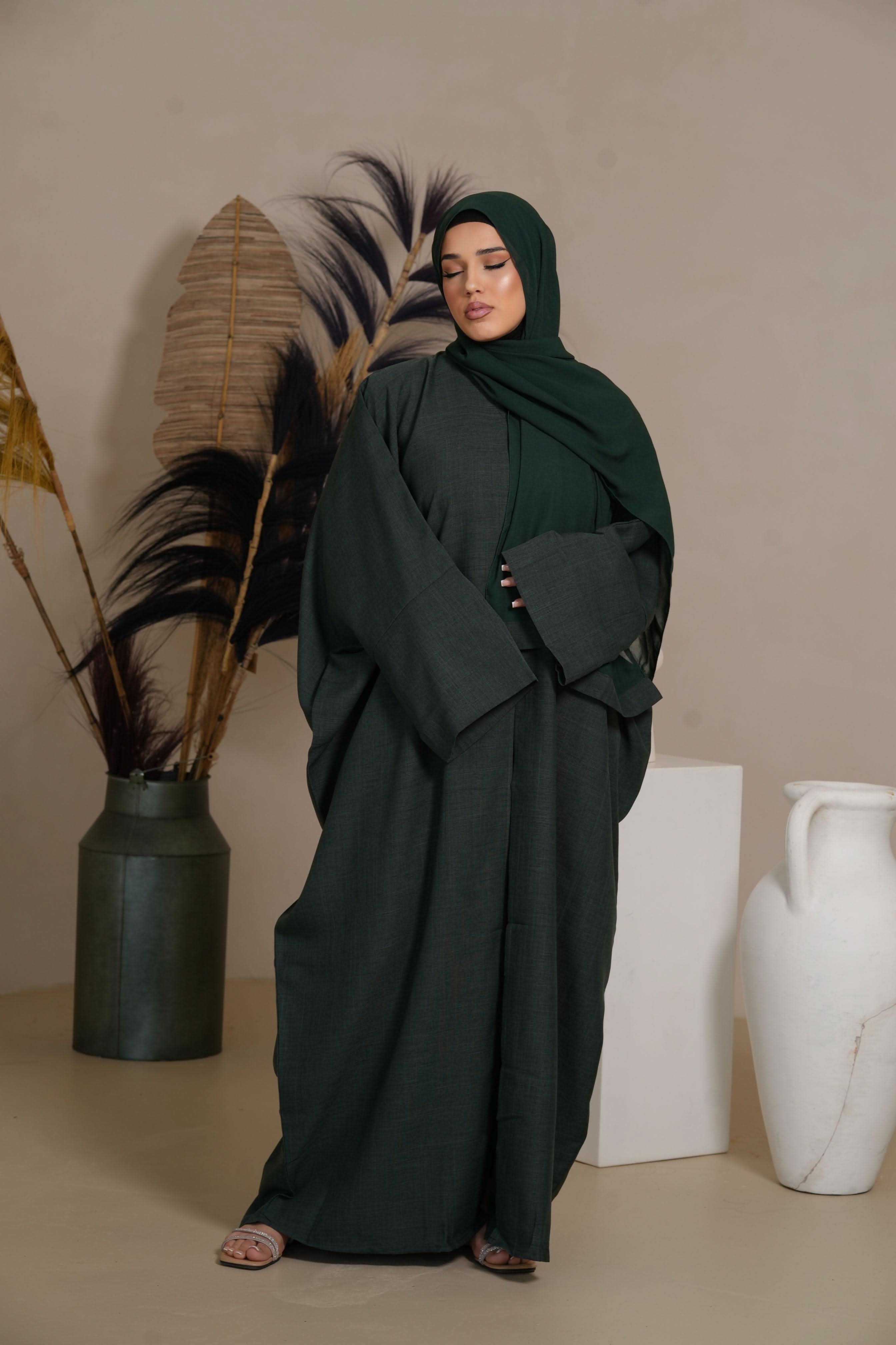 DXB Linen Abaya/Kimono - Dark Green - Losyana.Shop
