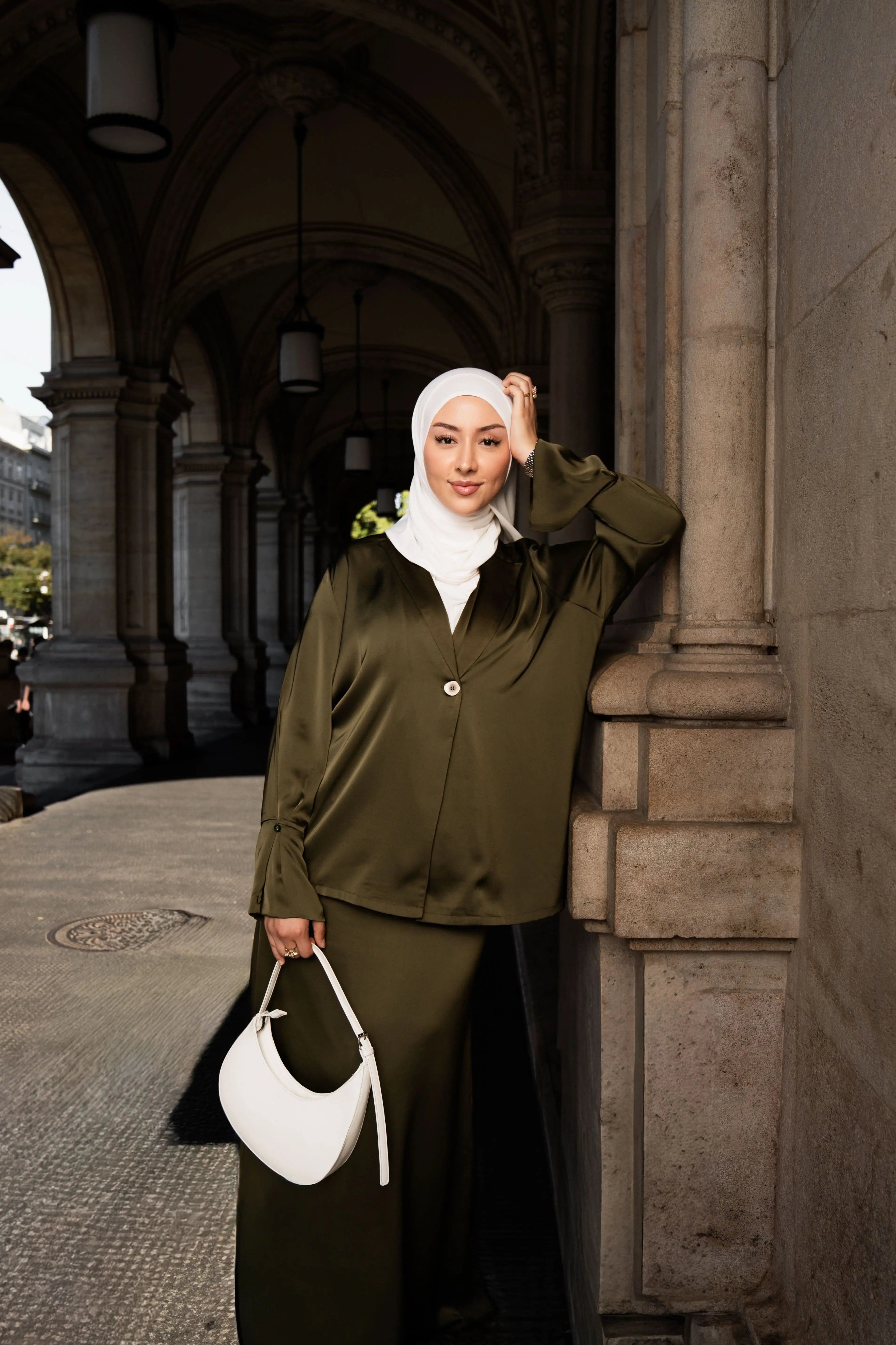 satin silk cardigan - olive - Losyana.Shop