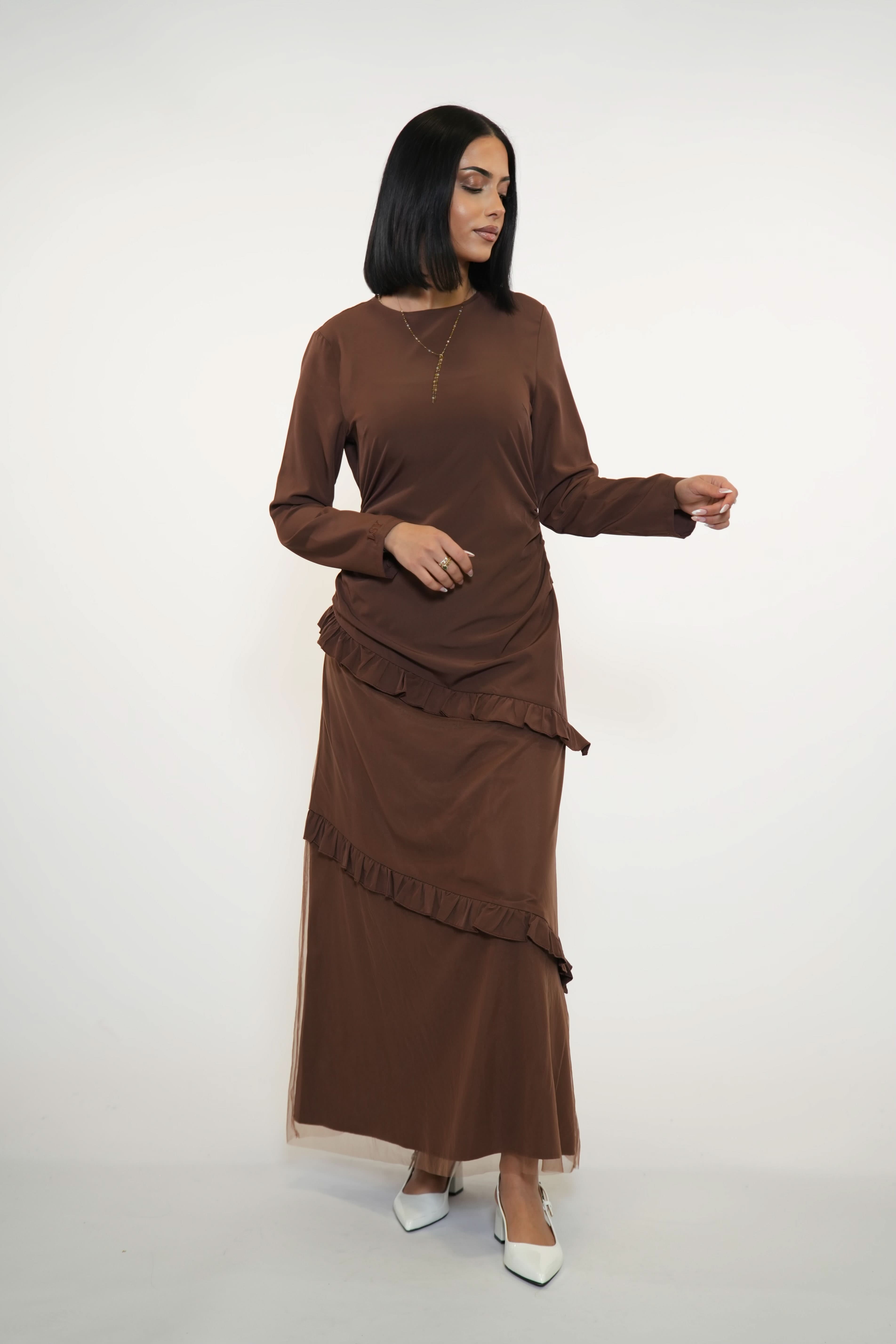 ROMANCE RUFFLE DRESS - ESPRESSO - Losyana.Shop