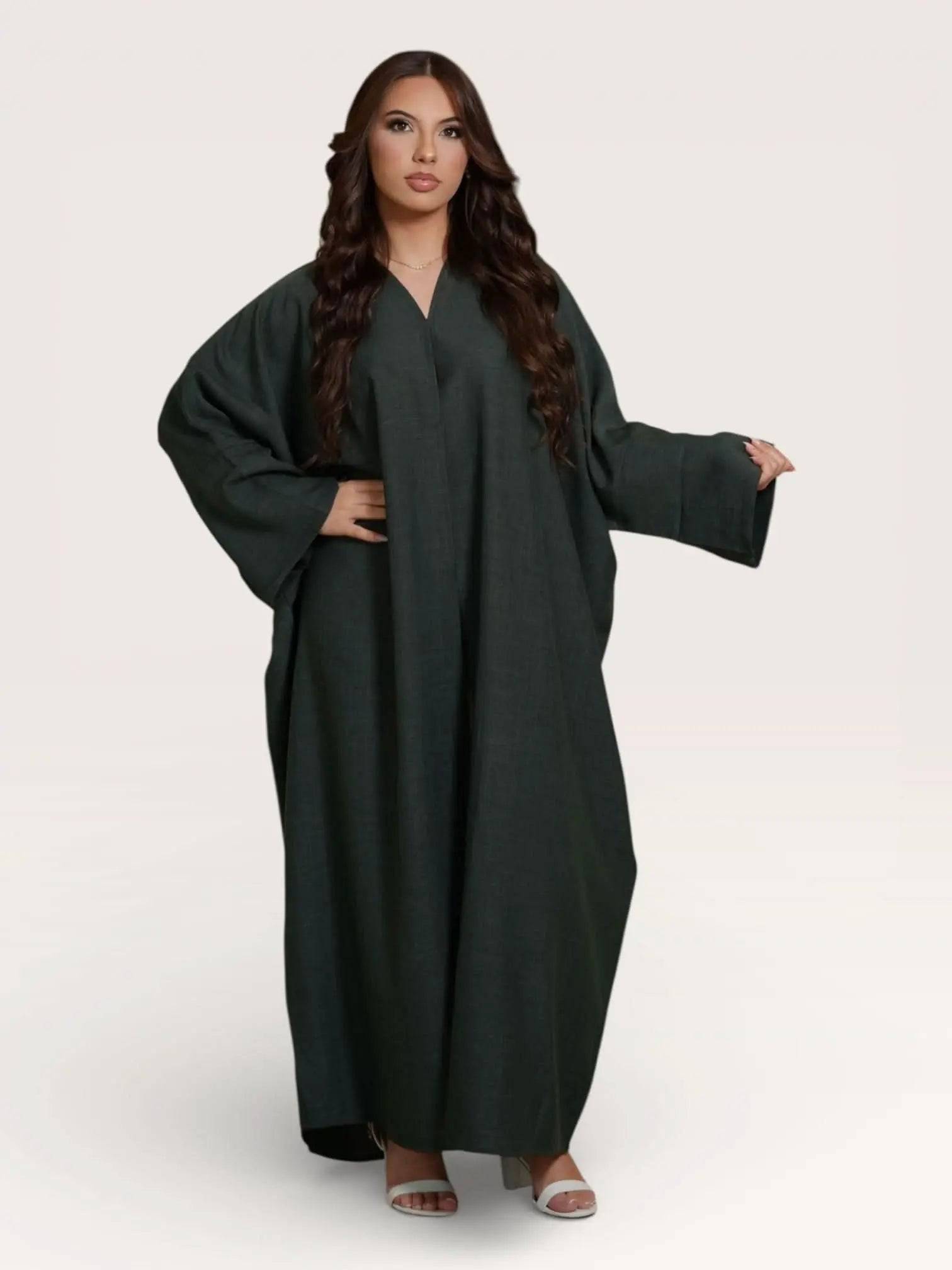 linen abaya / kimono - dark green - Losyana.Shop