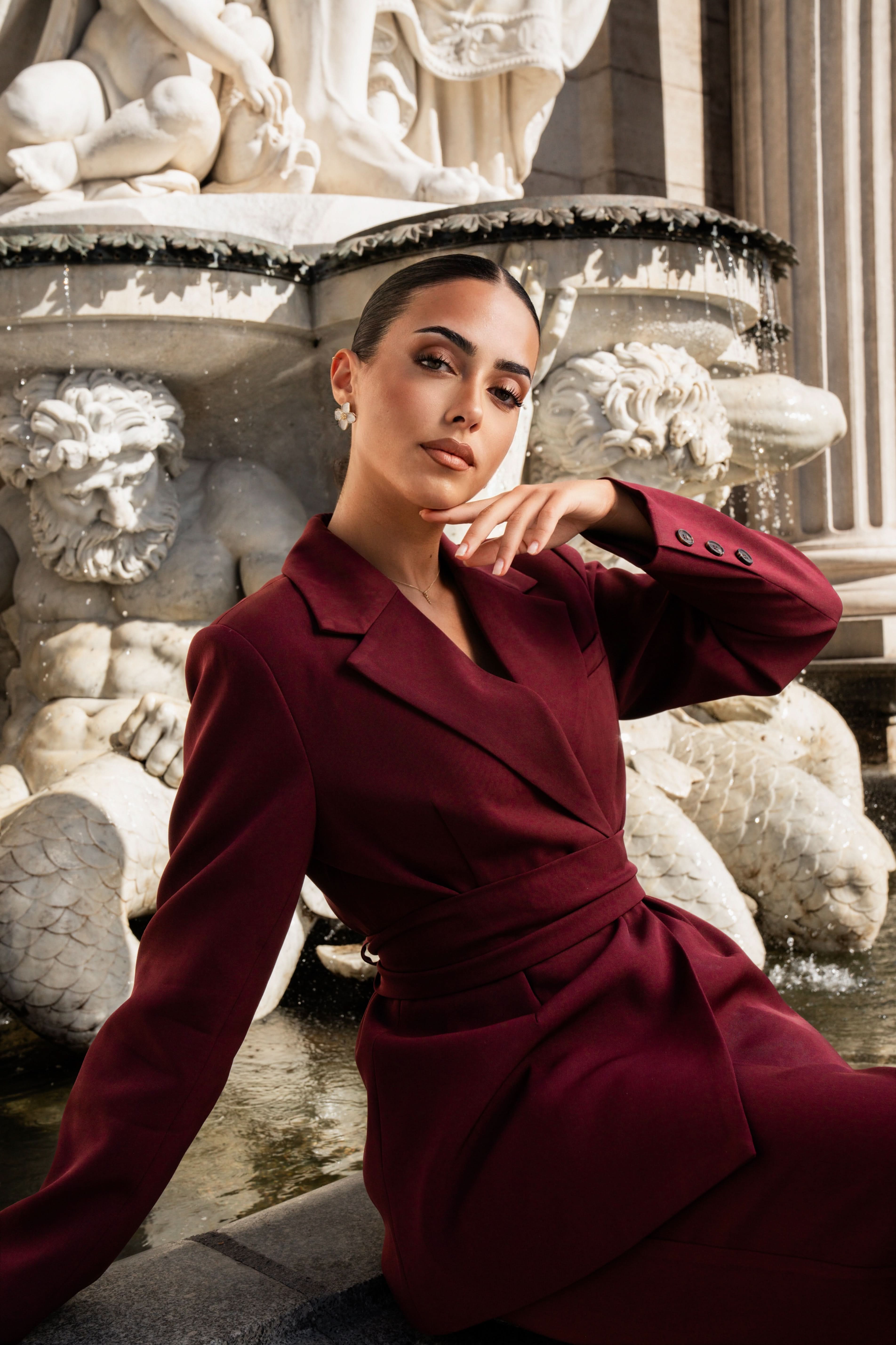 the noble belted blazer - burgundy - Losyana.Shop