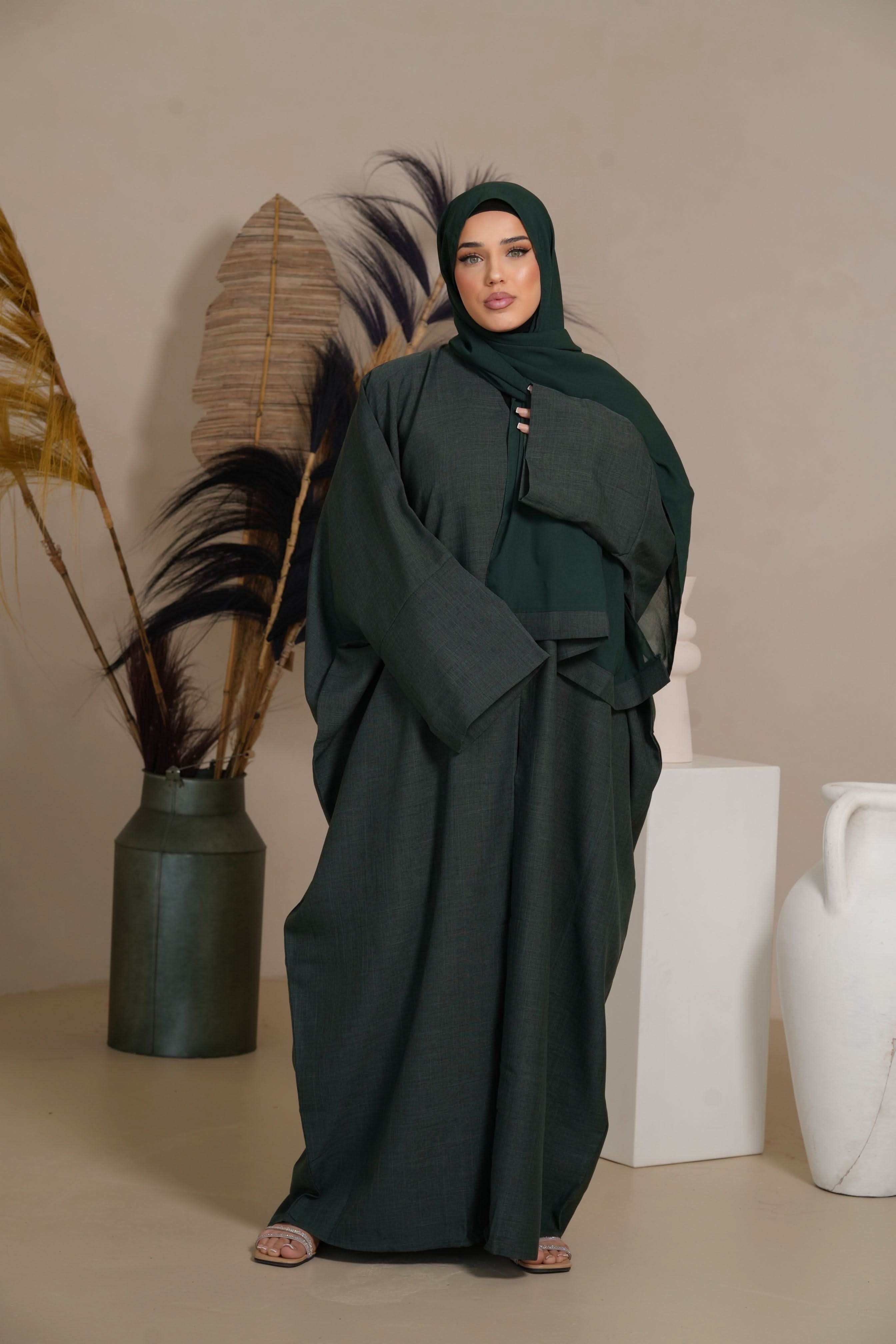 DXB Linen Abaya/Kimono - Dark Green - Losyana.Shop
