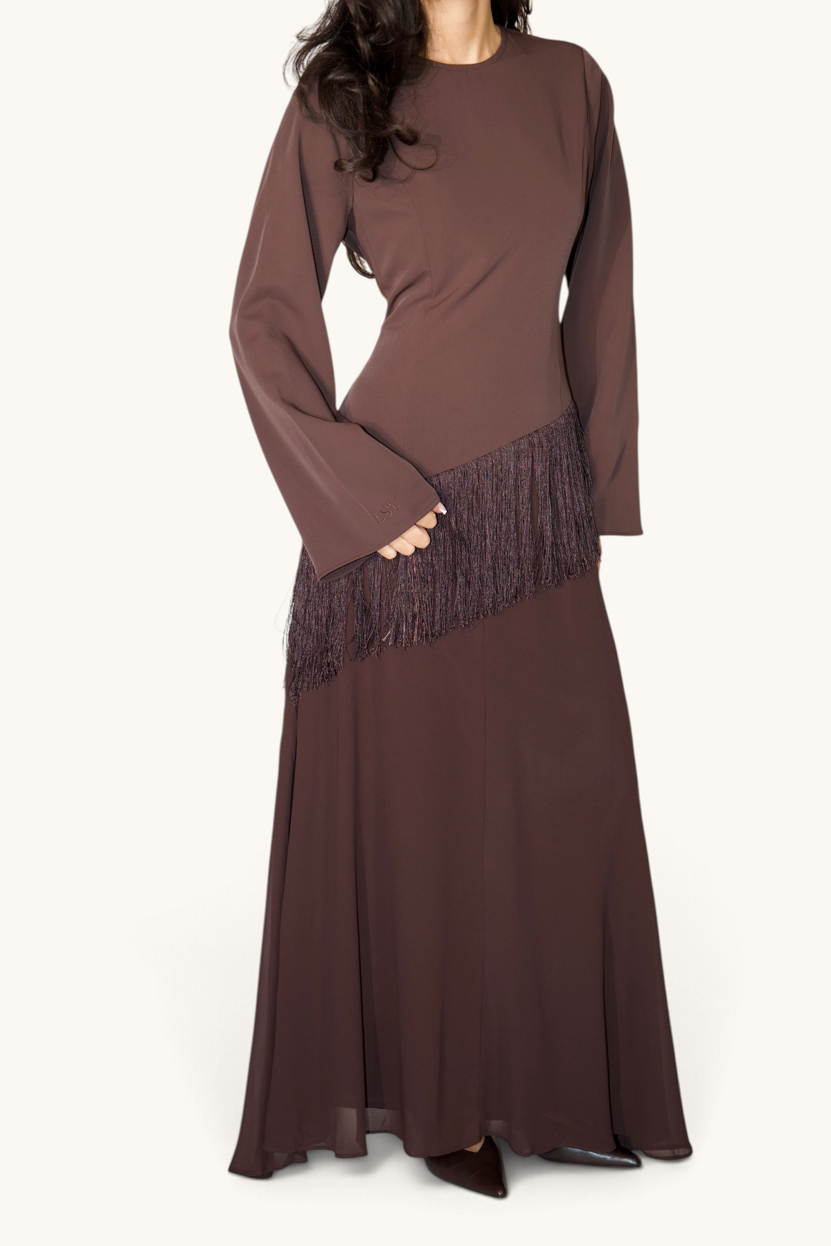 Elegantes Corset-Kleid mit Fransen in Espresso von LOSYANA, eng anliegender Schnitt, perfekt für besondere Anlässe.