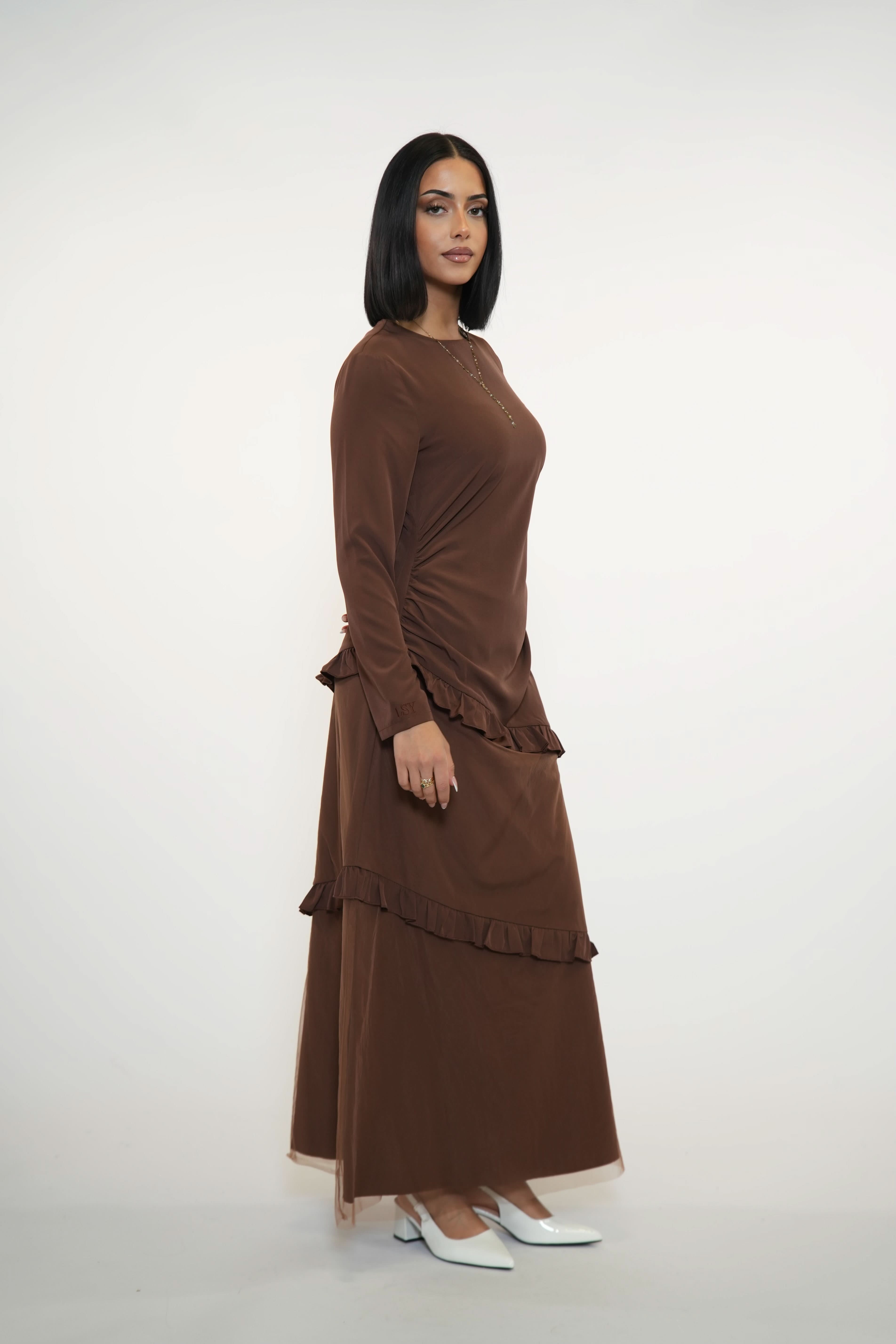 ROMANCE RUFFLE DRESS - ESPRESSO - Losyana.Shop