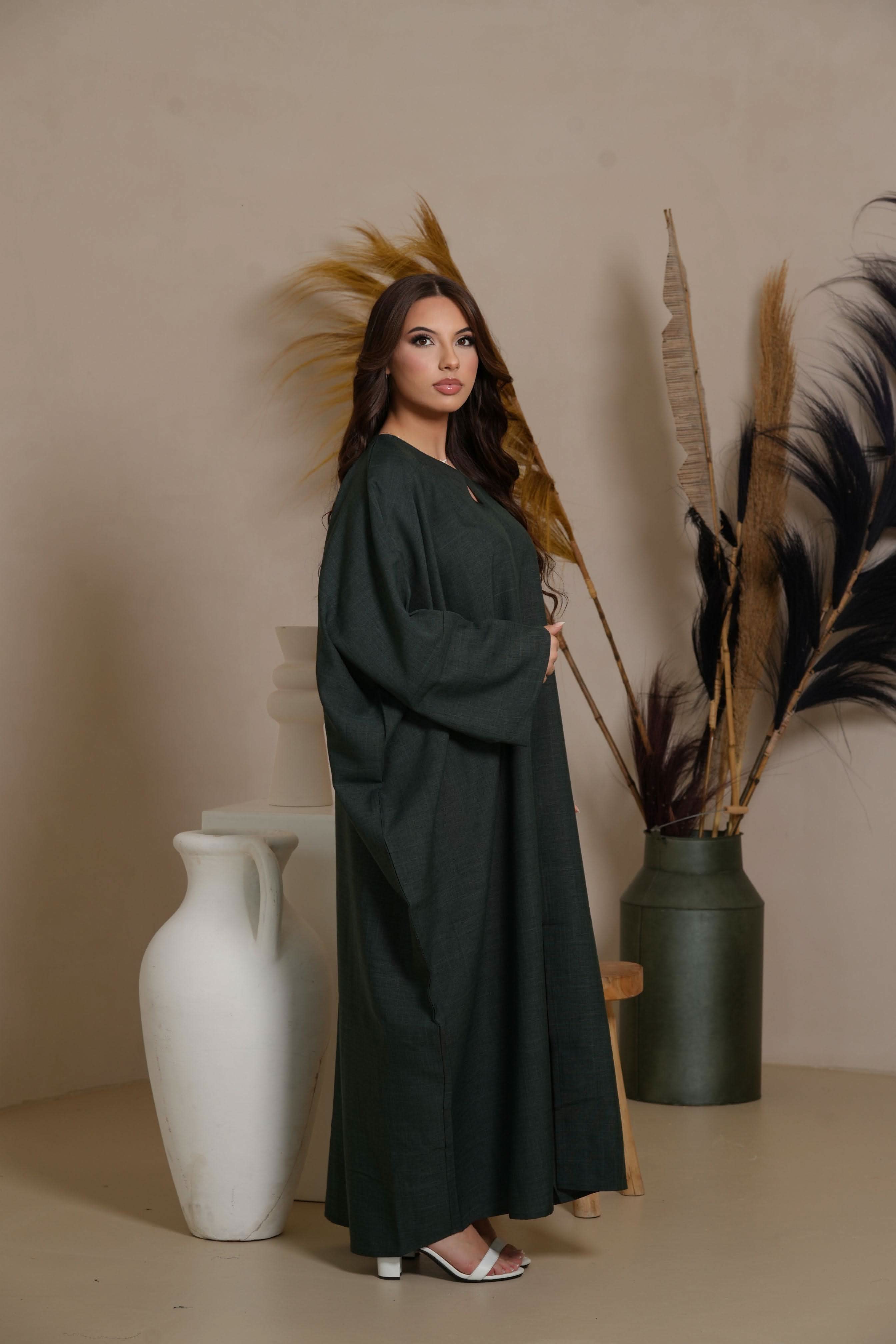 DXB Linen Abaya - Dark Green - Losyana.Shop
