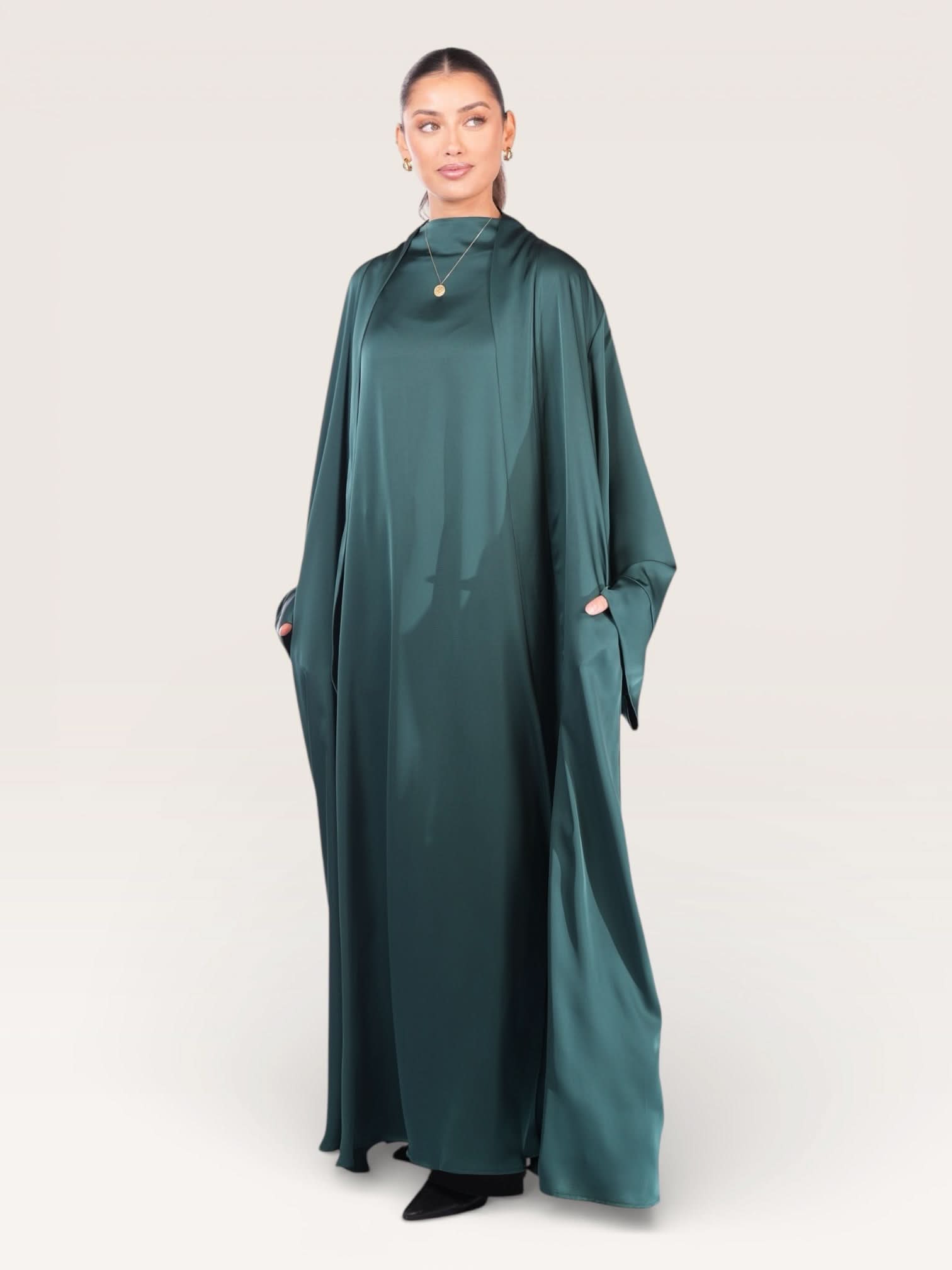 satin kimono abaya - royal green