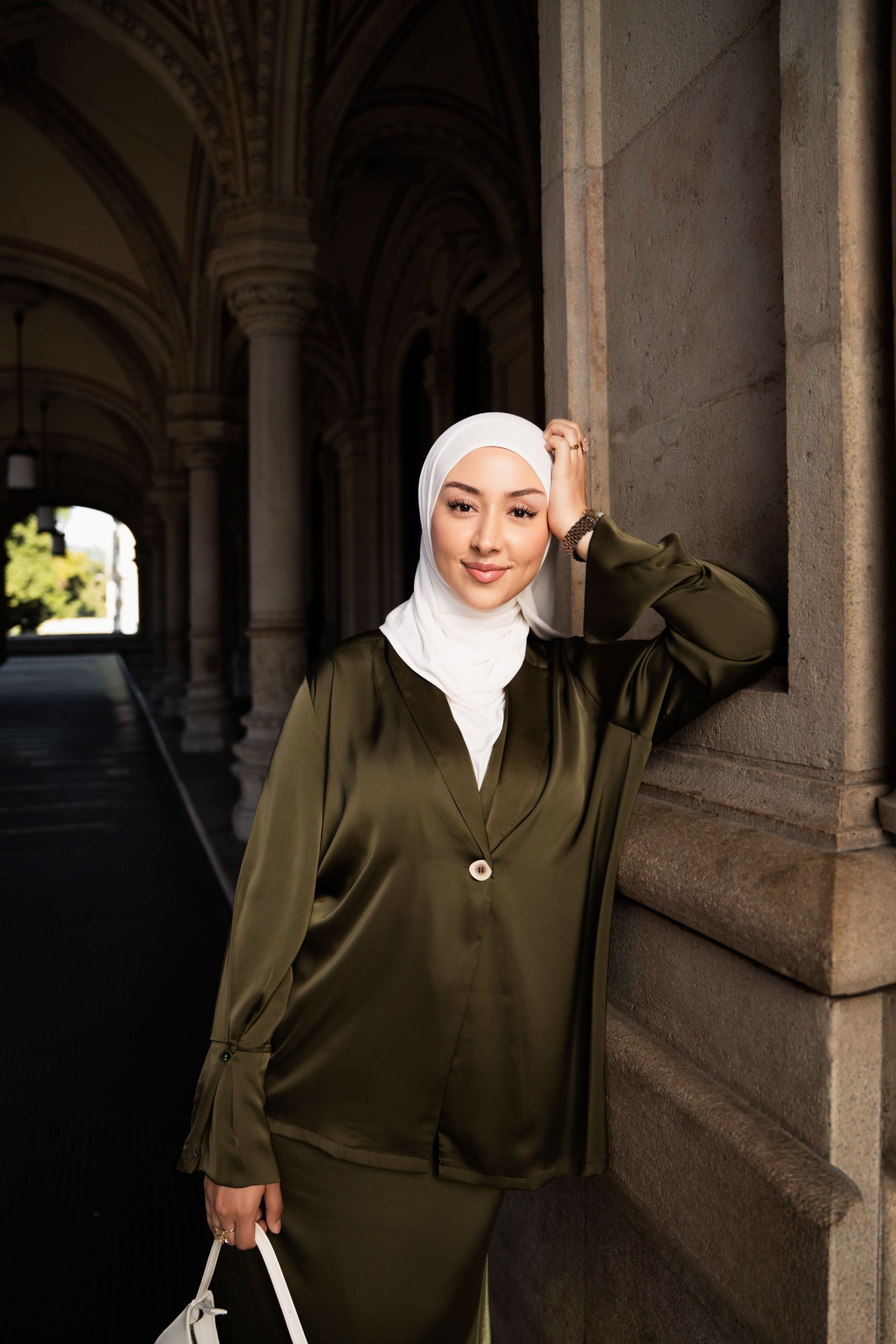 satin silk cardigan - olive - Losyana.Shop