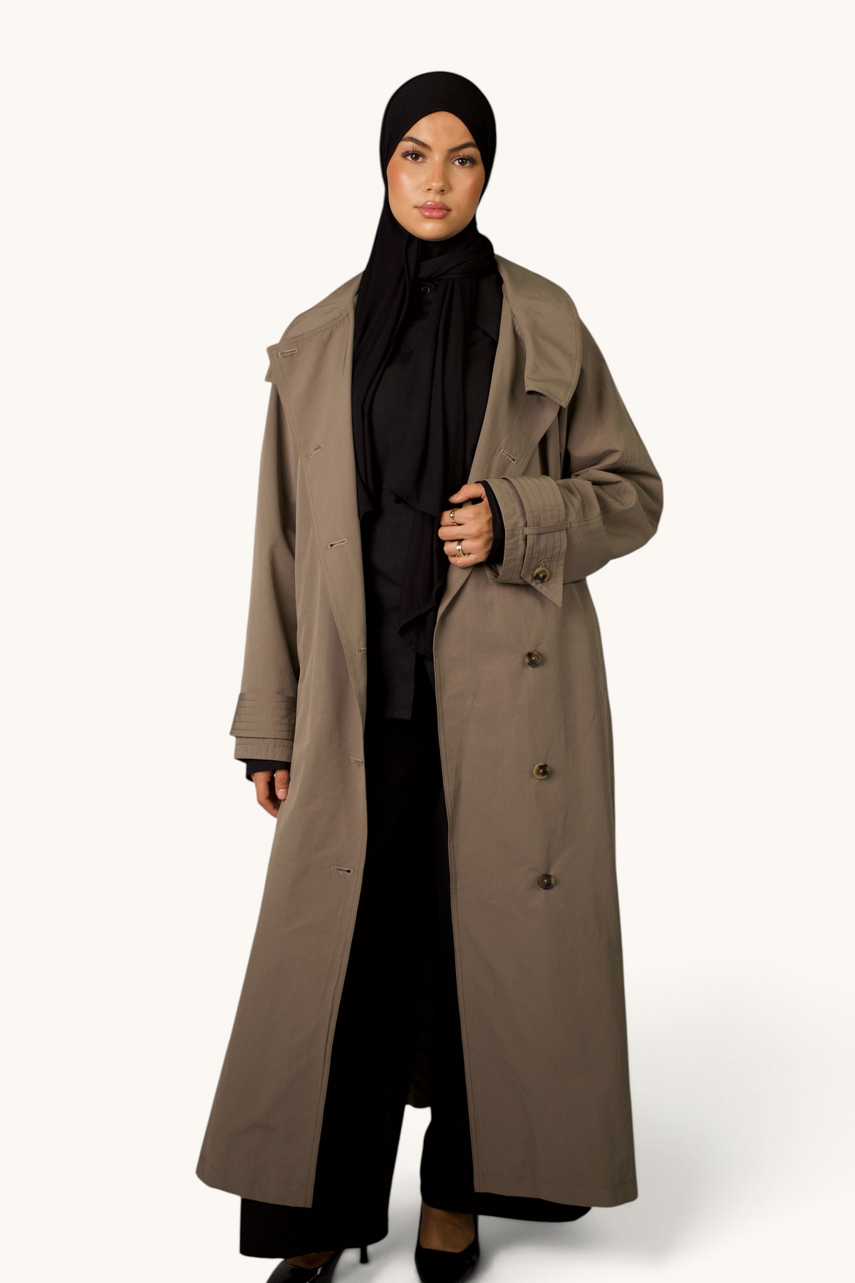 LOSYANA langer Trenchcoat in Army Green – eleganter Mantel mit klassischem Reverskragen