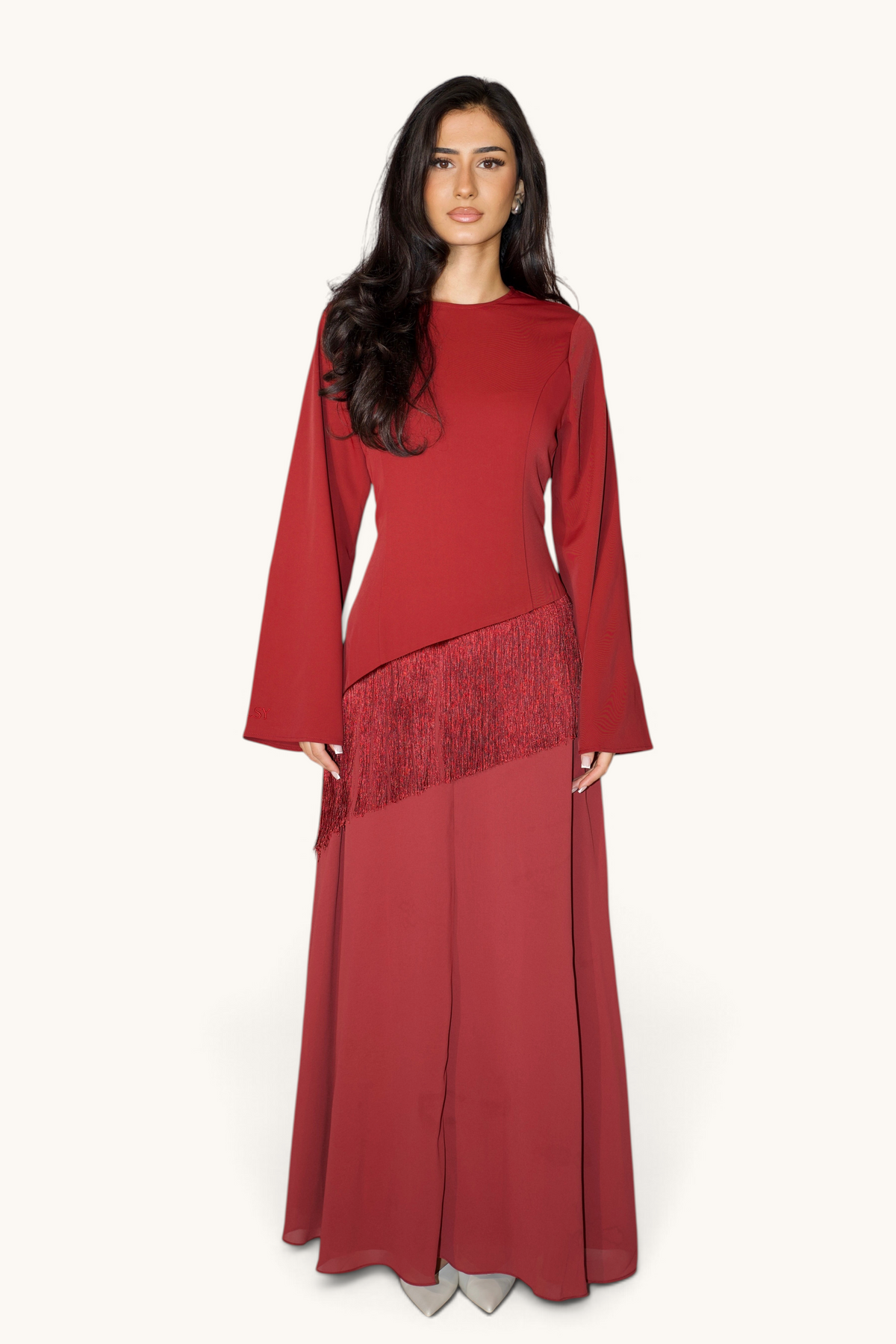 Bordeauxfarbenes Corset Kleid mit Fransen von LOSYANA, enge Passform, elegante Dekoration, für besondere Anlässe.