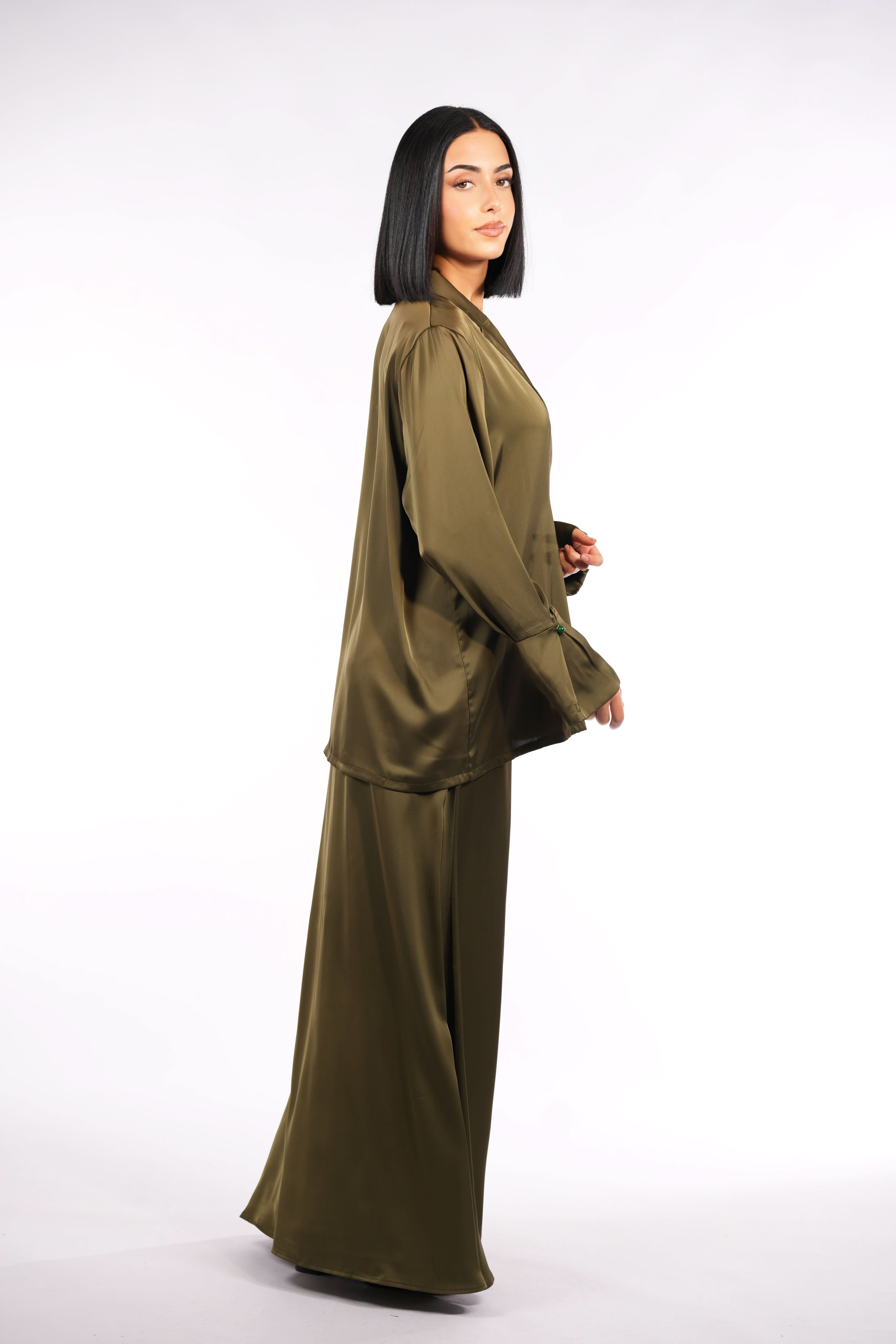 satin silk cardigan - olive - Losyana.Shop