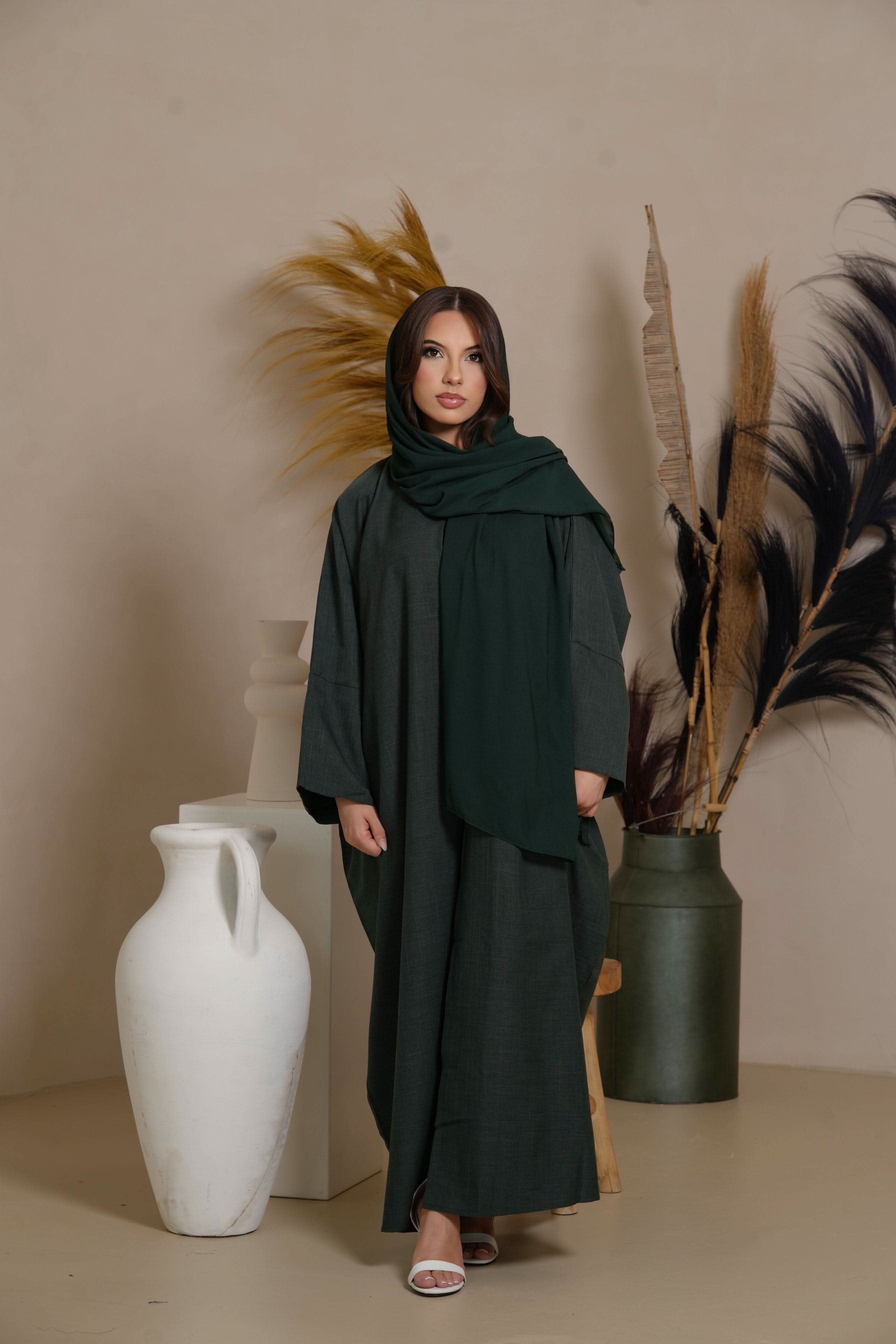 DXB Linen Abaya - Dark Green - Losyana.Shop