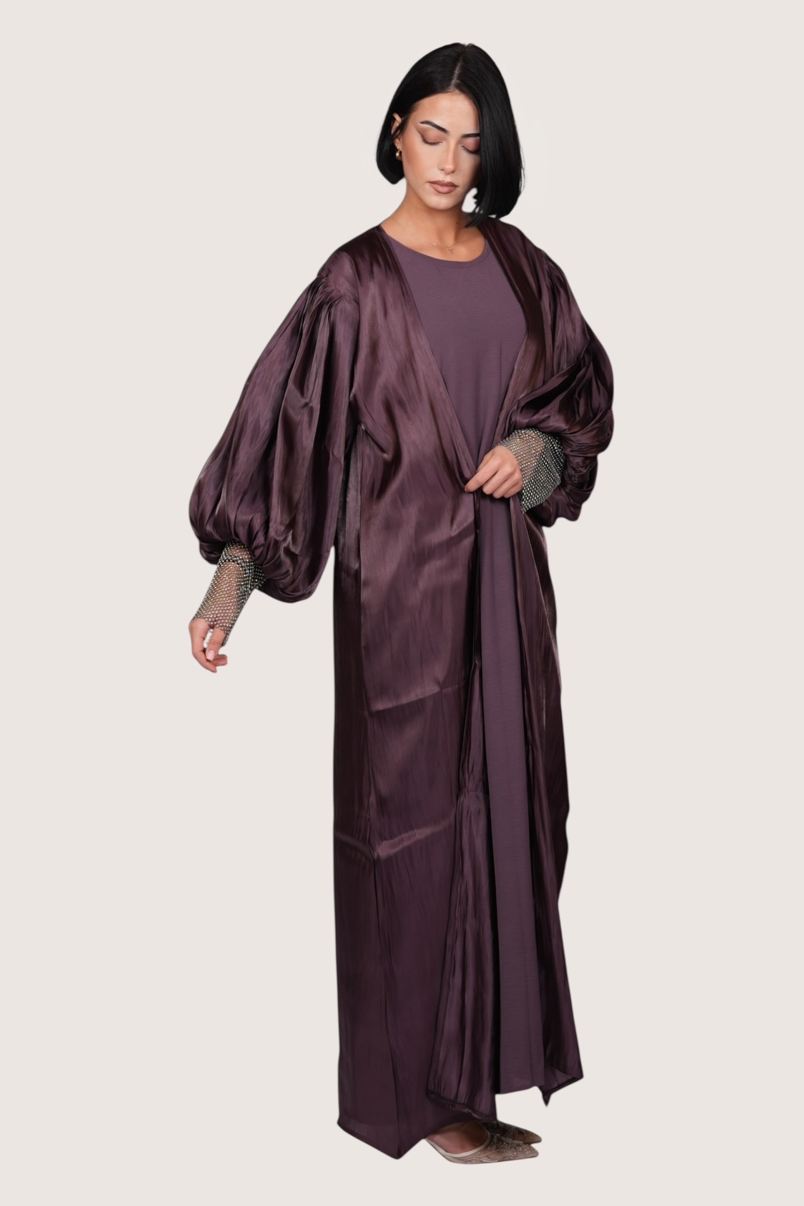 Glitter balloon Abaya - eggplant