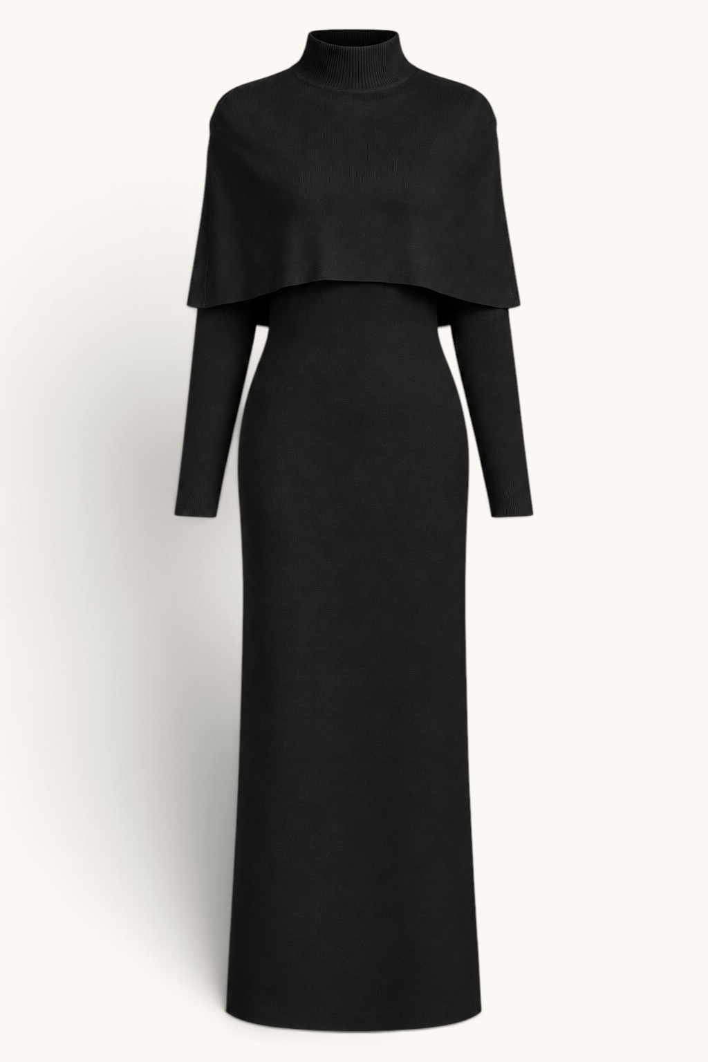 LOSYANA schwarzes Strickkleid mit Stehkragen und elegantem Cape-Overlay in fließender Passform