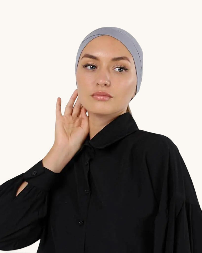 LOSYANA bone-colored closed fold underscarf worn by a model for comfortable hijab styling