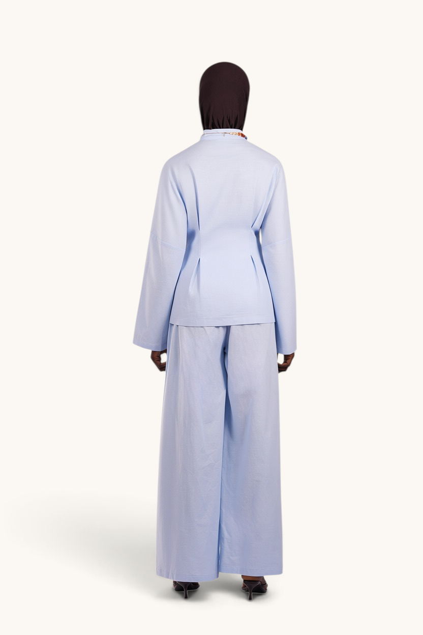LOSYANA Gran Canaria aqua linen two-piece set with wide-leg trousers and fitted top, back view