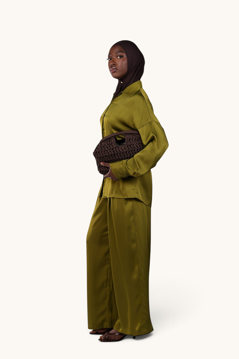 LOSYANA La Laguna lime green satin two-piece set with button-down blouse and wide-leg trousers worn by a model