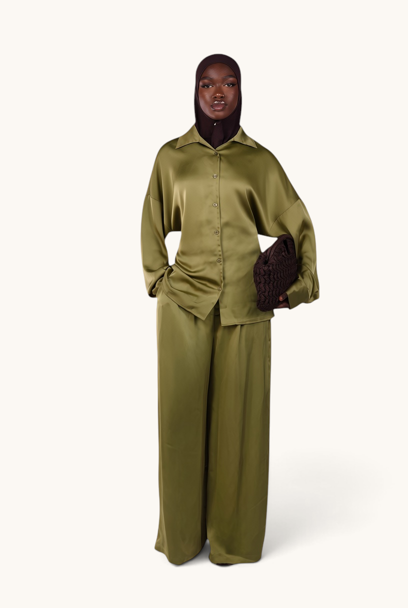 LOSYANA La Laguna satin two-piece set in soft thyme with wide-leg trousers and button-down blouse on a model