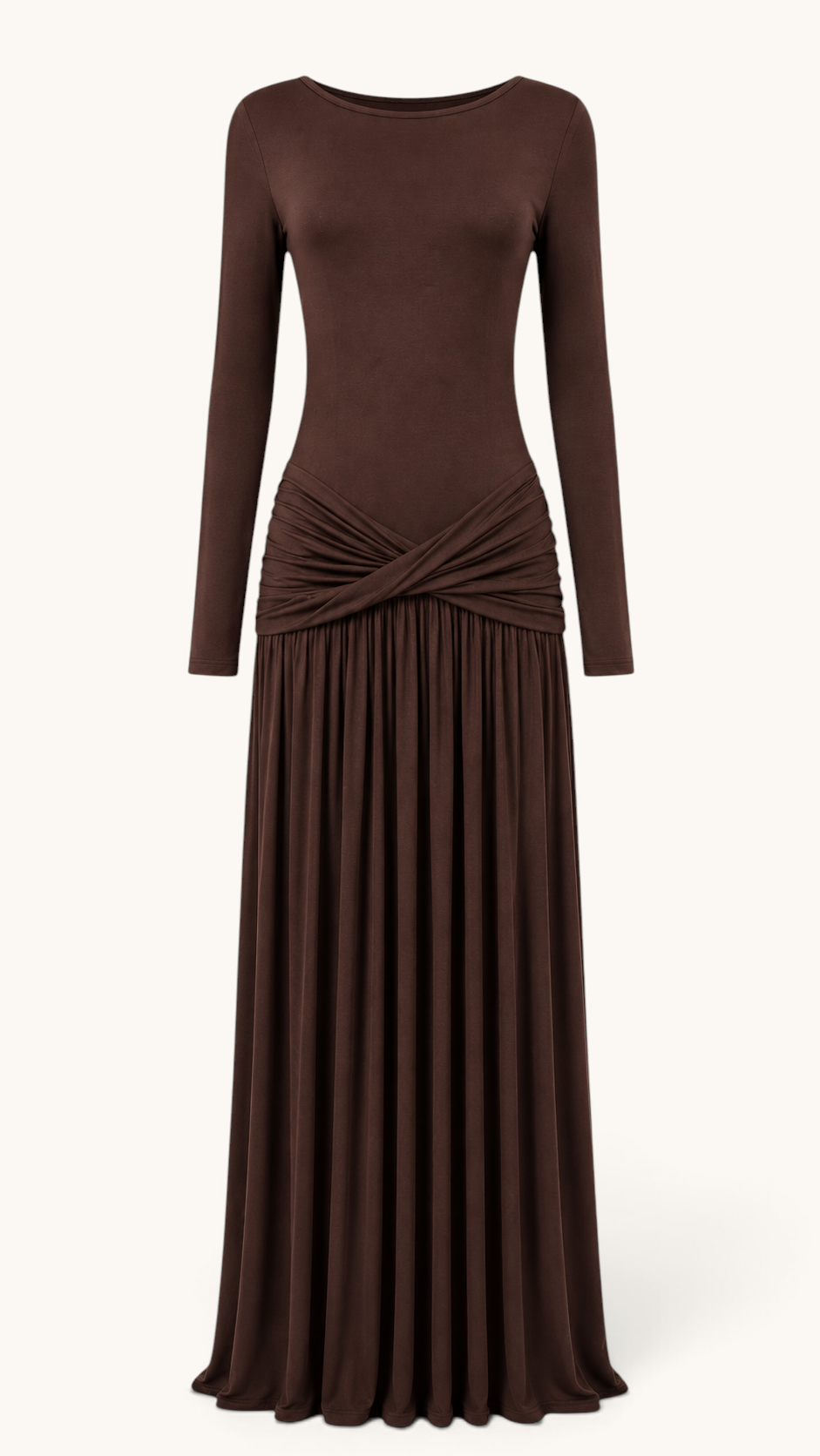 LOSYANA Marbella Jersey-Kleid in Espresso mit langen Ärmeln und elegantem Knotendetail an der Taille