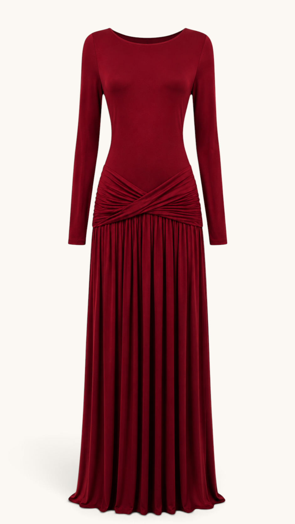 LOSYANA Marbella Jersey-Kleid in Dunkelrot mit langen Ärmeln und elegantem Knotendetail an der Hüfte