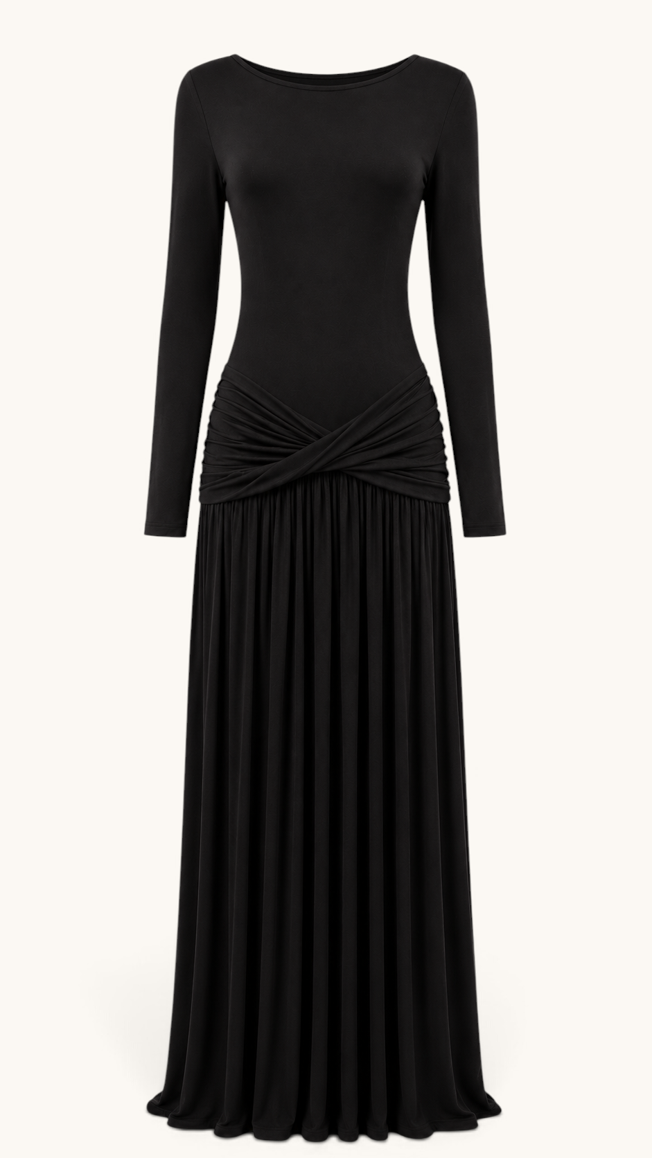 LOSYANA Marbella Jersey-Kleid in Schwarz mit langen Ärmeln und elegantem Knotendetail an der Hüfte