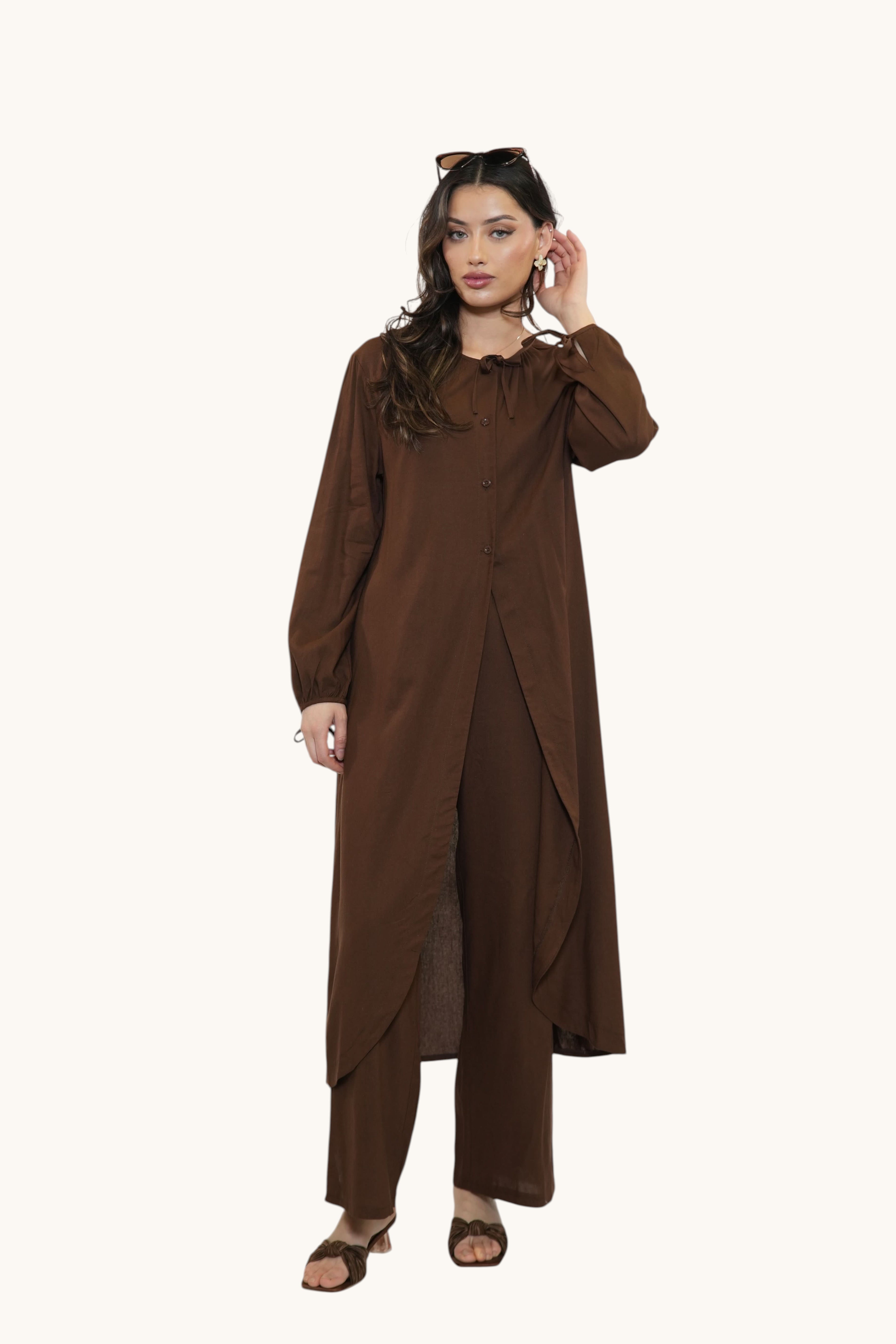 LOSYANA Mediterranean Breeze set in brown sugar featuring a long tunic with bow details and matching trousers