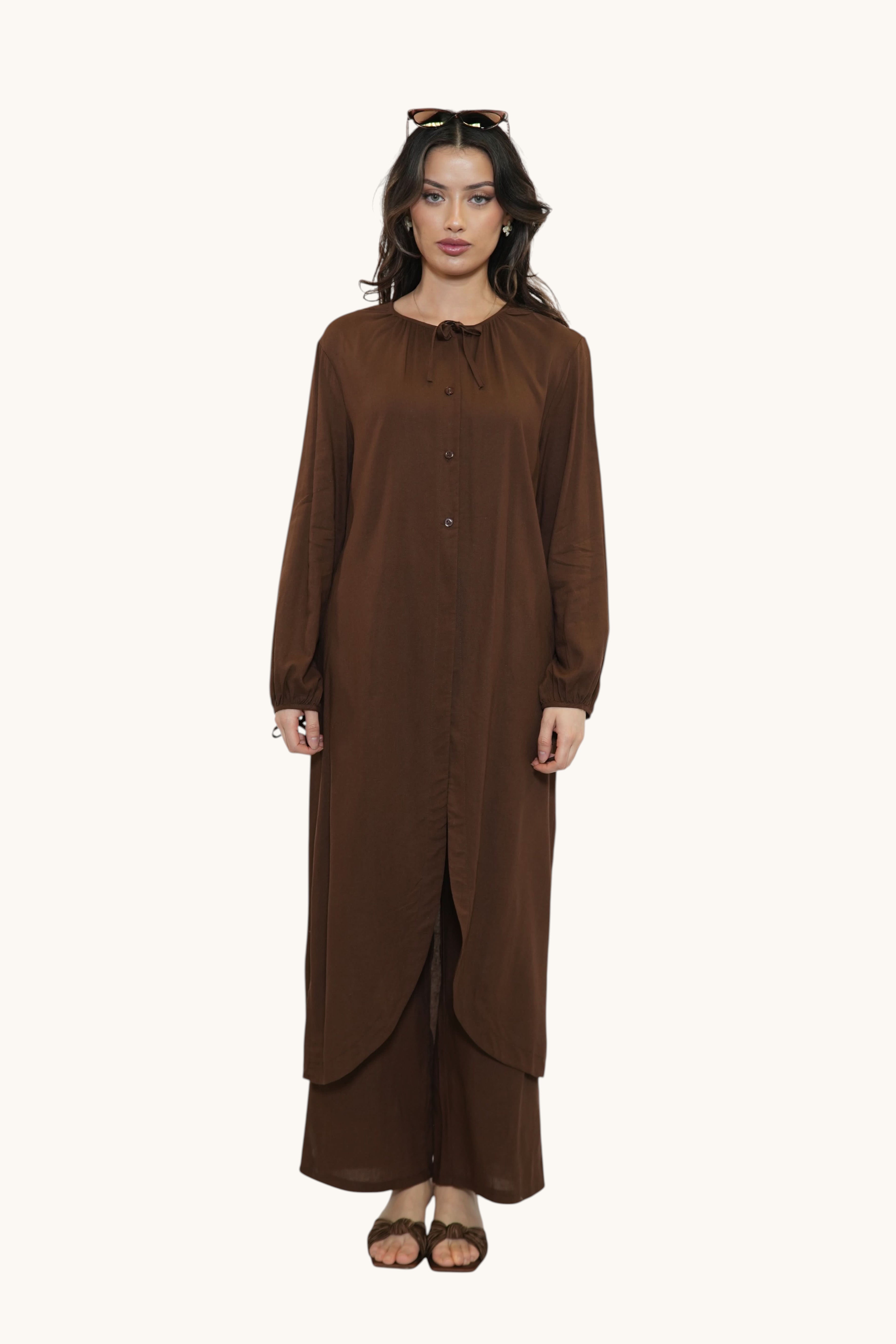 LOSYANA Mediterranean Breeze set in brown sugar featuring a long button-down tunic with bow details and wide-leg pants