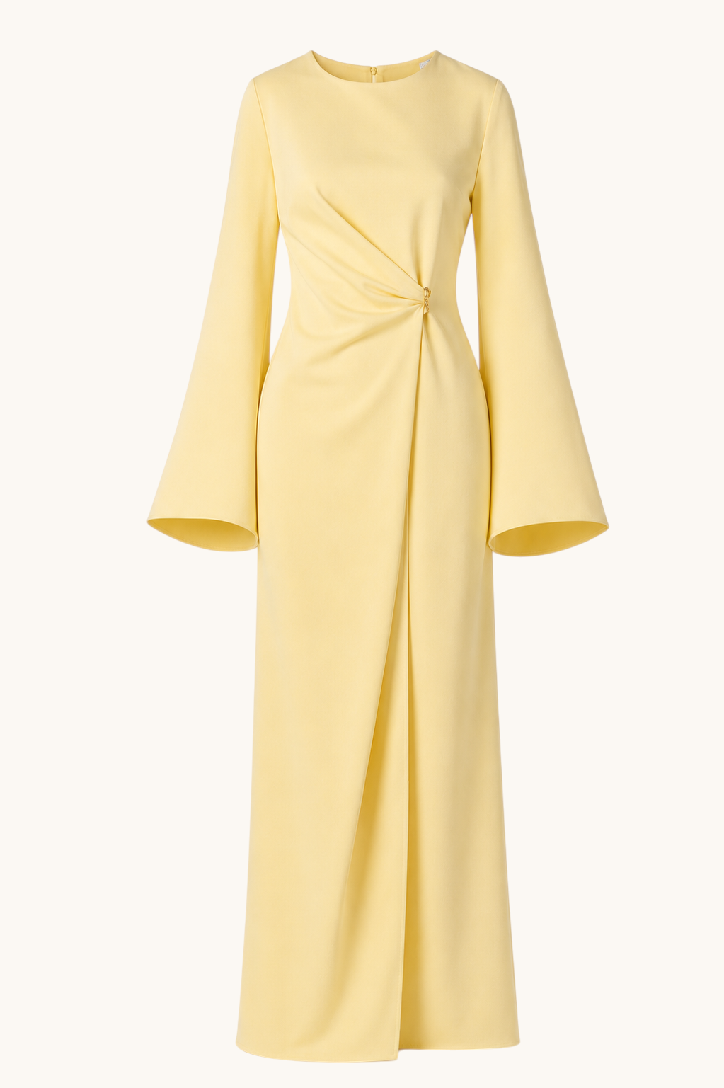 LOSYANA Valencia butter yellow maxi dress with trumpet sleeves, gathered waist, and elegant gold hardware detail.