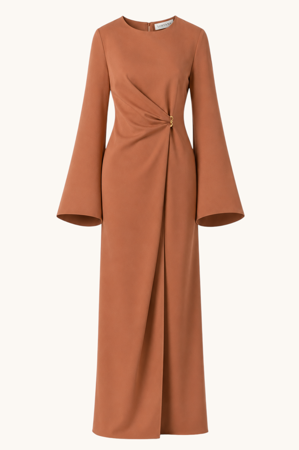 LOSYANA Valencia terracotta maxi dress with trumpet sleeves and elegant gold waist detail on a white background