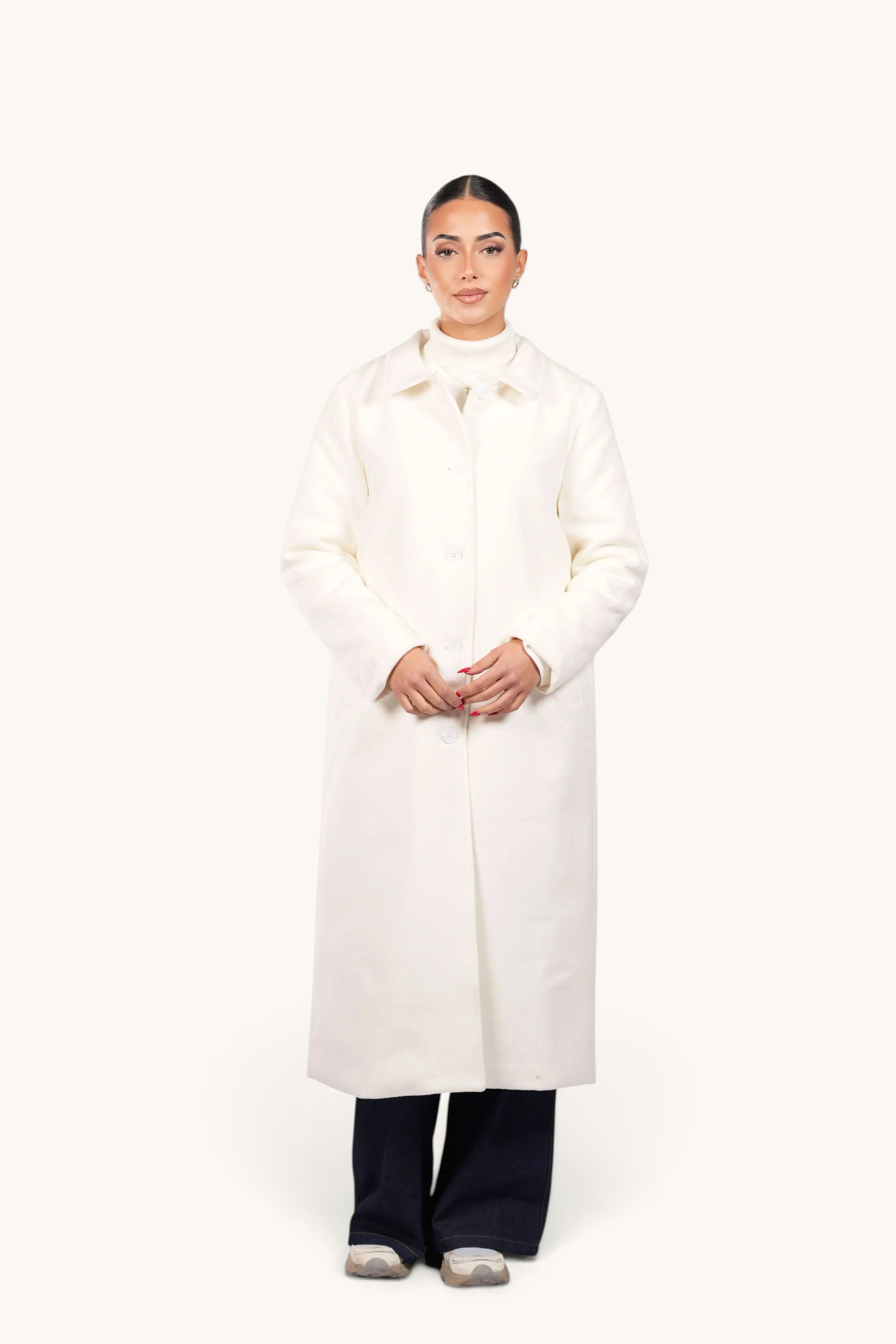 Model wearing a LOSYANA white Vienna coat with a classic collar and button-up front against a plain background.