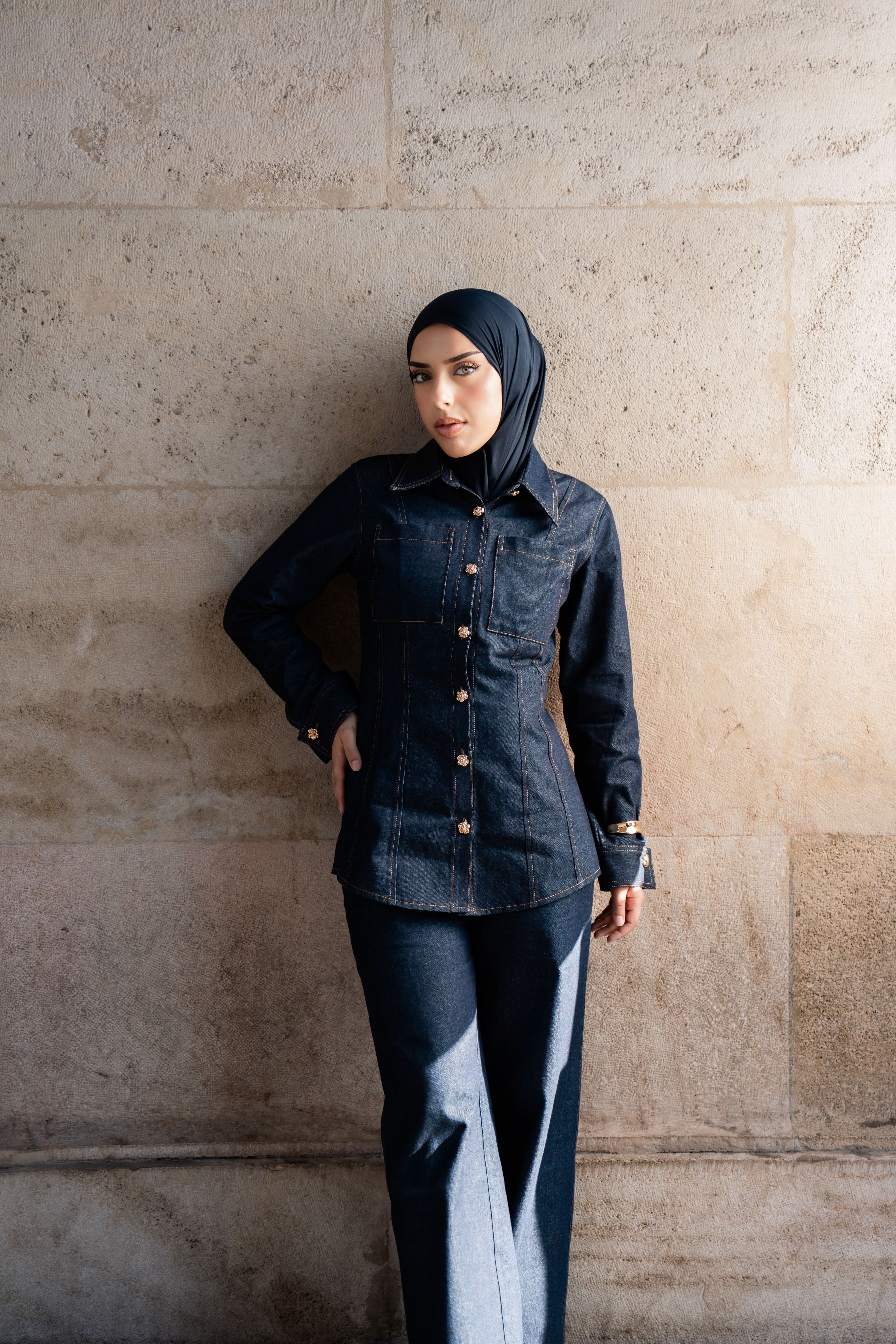 denim gold button shirt - Losyana.Shop