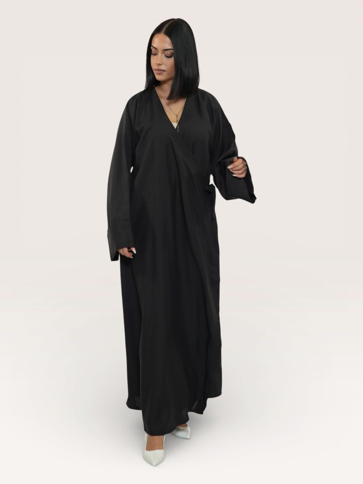 wickel linen abaya - black