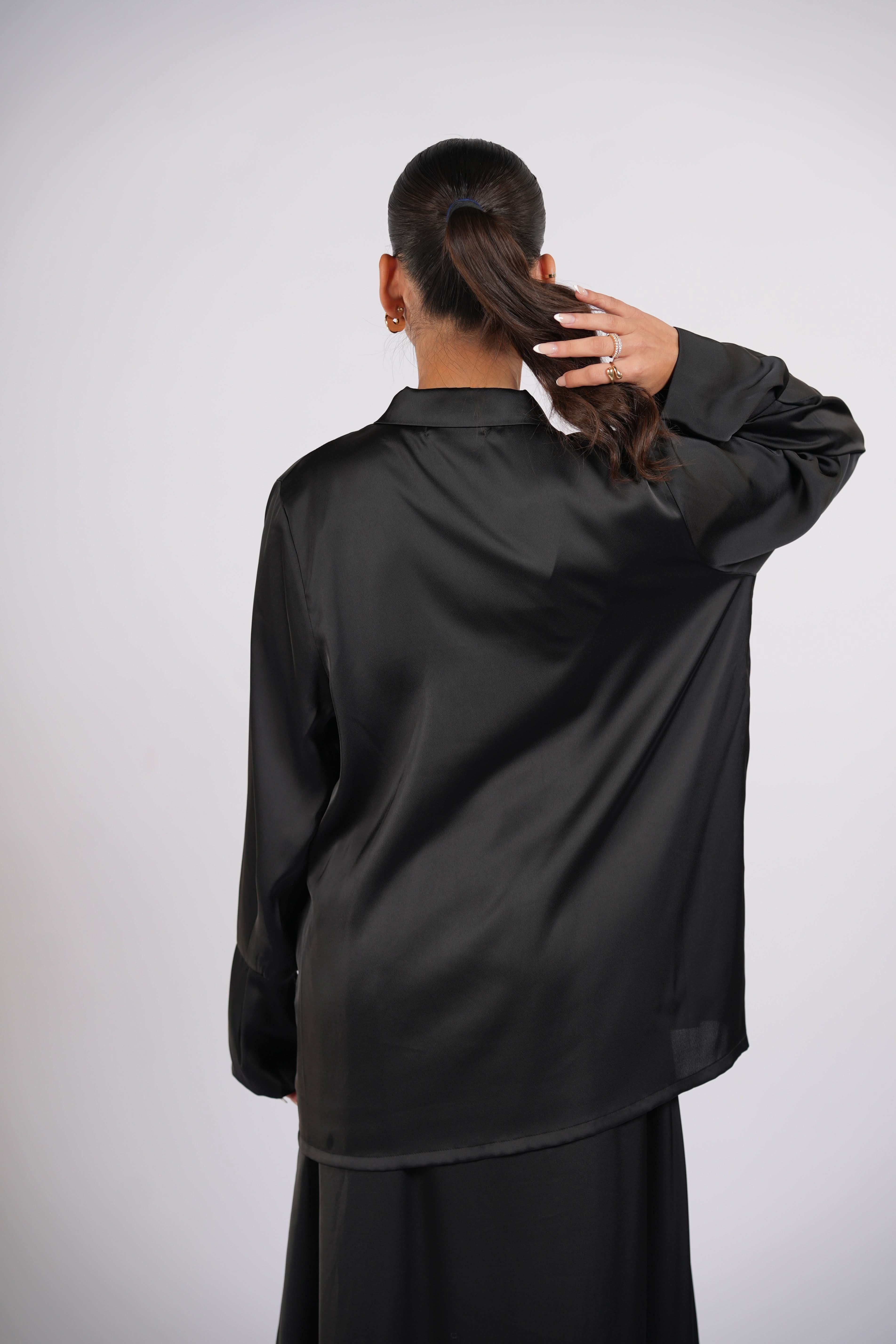 satin silk cardigan - black - Losyana.Shop