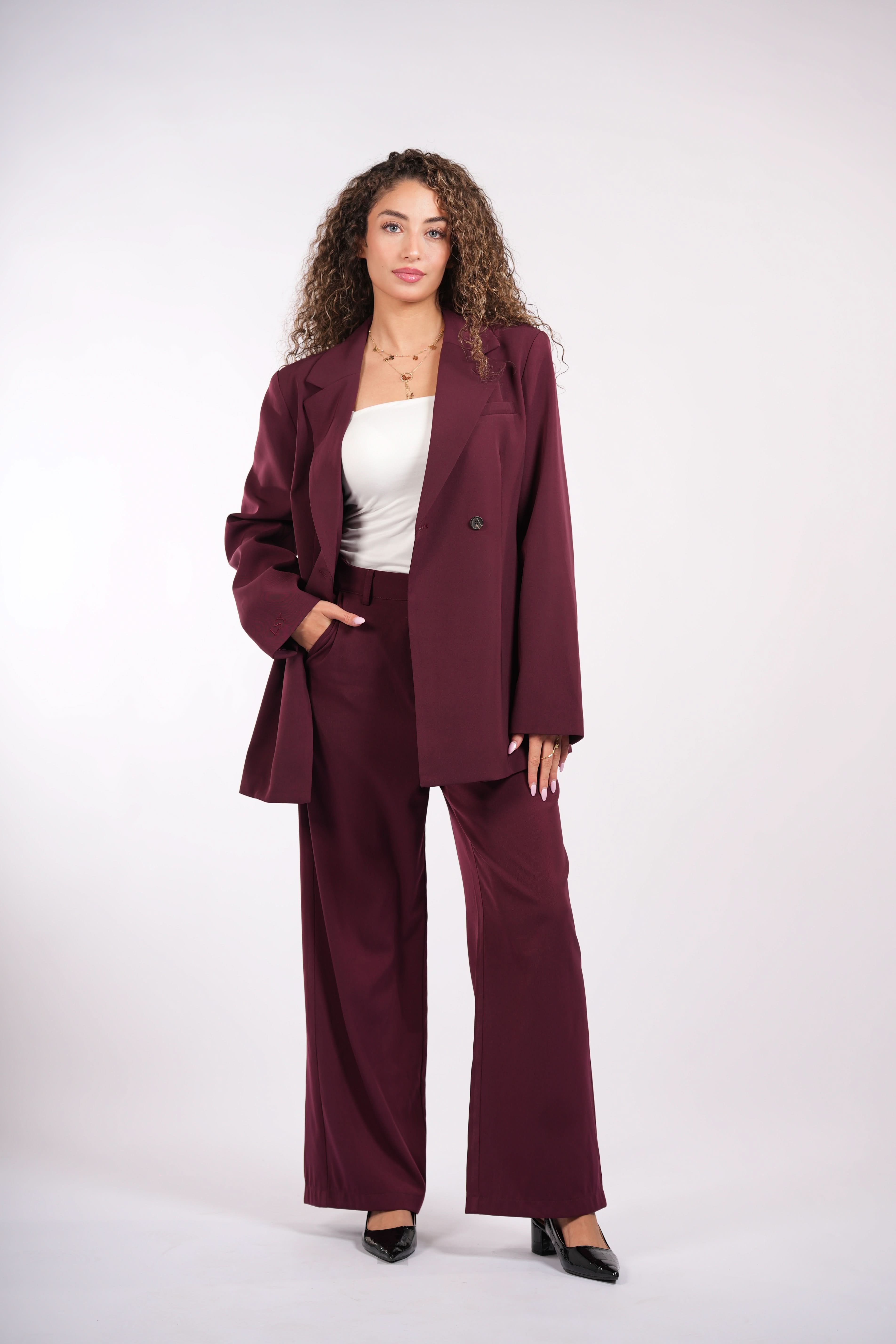 the noble belted blazer - burgundy - Losyana.Shop