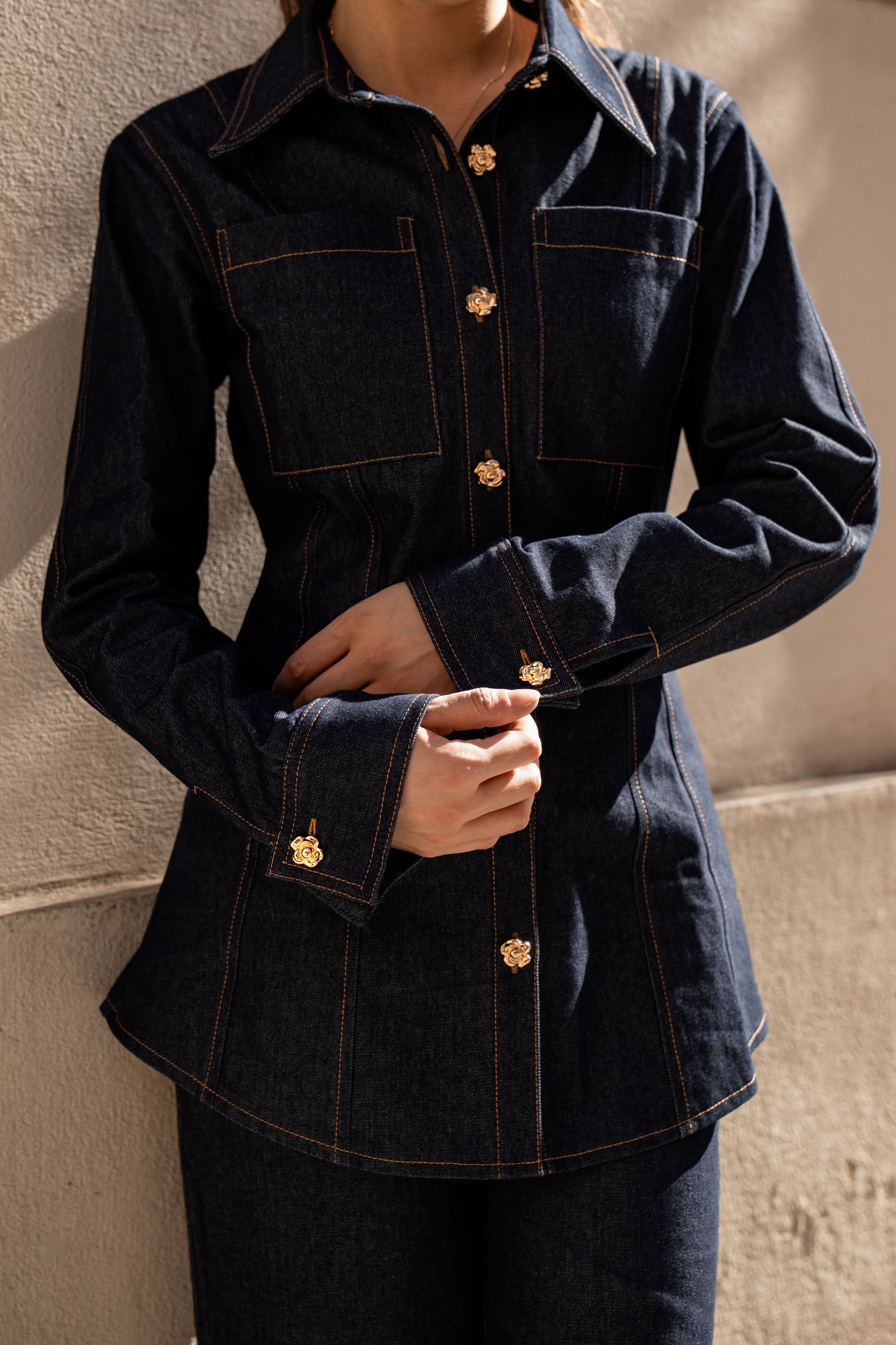 denim gold button shirt - Losyana.Shop