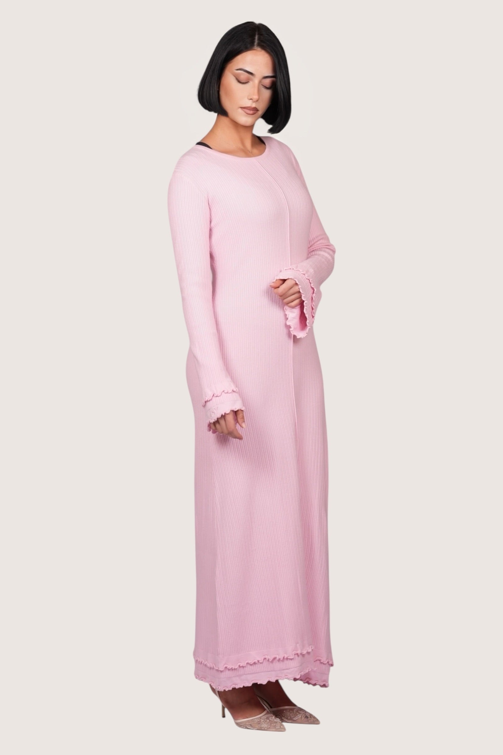 ROBE LONGUE À VOLANTS - ROSE