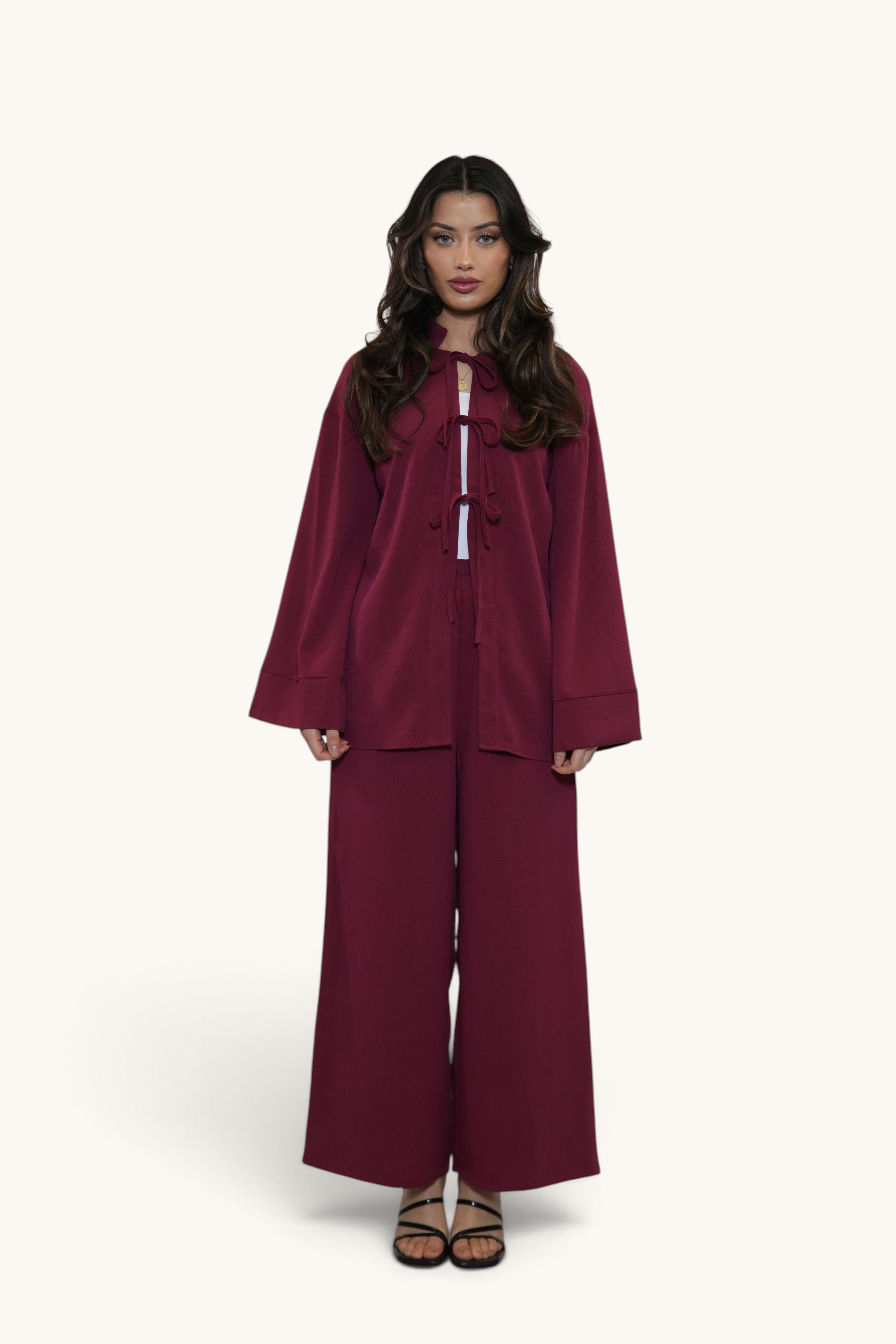 Zweiteiler Positano Ease Set in Bordeaux von Losyana.Shop, bequemes und stilvolles Kleidungsset für Damen, Detailaufnahme