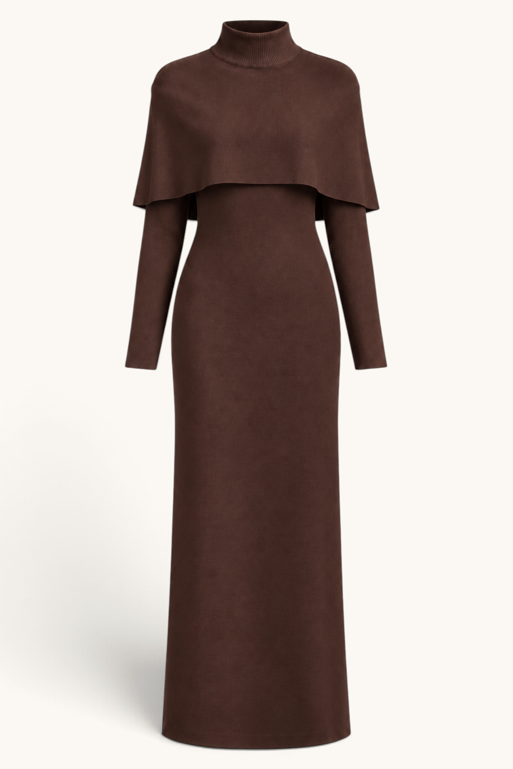 LOSYANA braunes Strickkleid mit Stehkragen und elegantem Cape-Overlay in fließender Passform