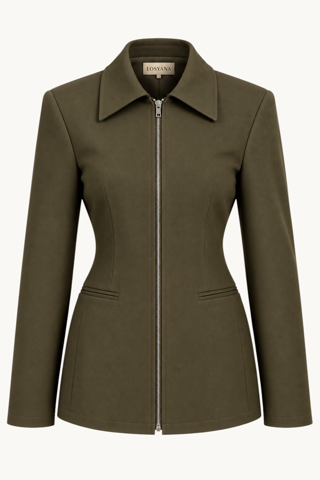 LOSYANA taillierte Jacke in Khaki mit Reißverschluss, breitem Kragen und Ziertaschen in eleganter Passform.