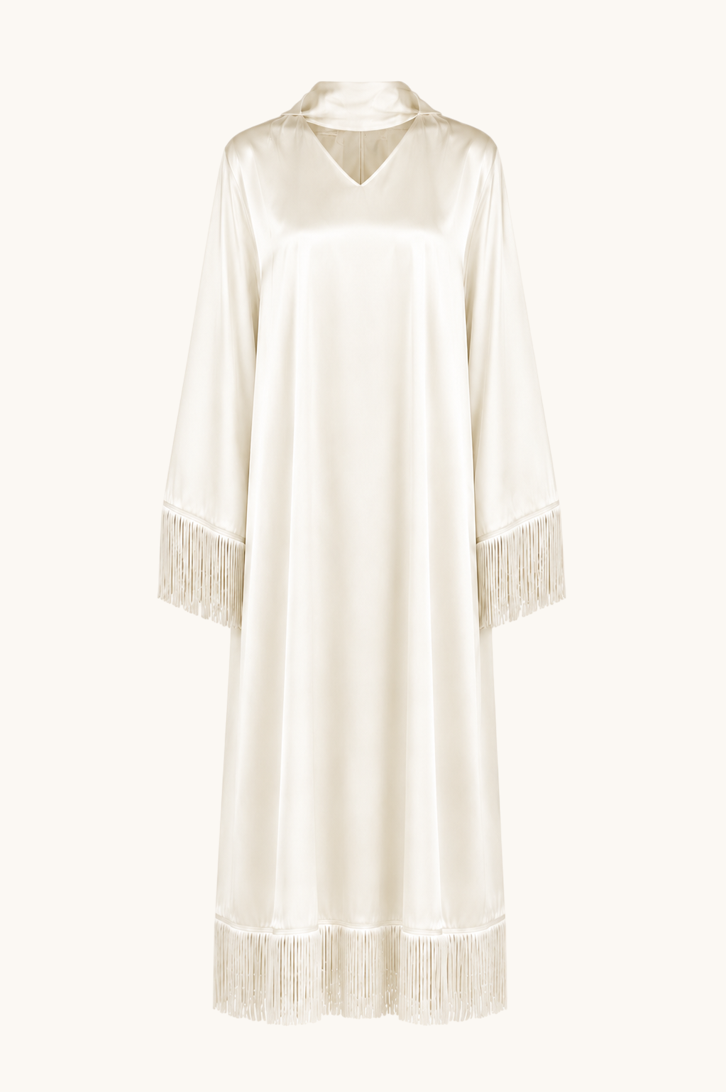 LOSYANA Barcelona white satin dress featuring elegant fringe trim on the sleeves and hem with a V-neckline