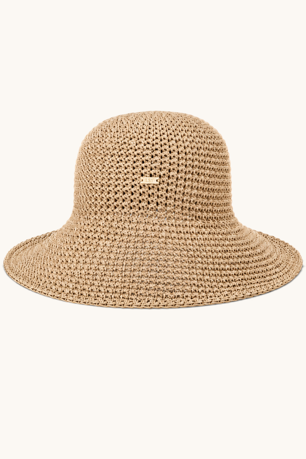 LOSYANA LSY beige straw hat with a wide brim and small gold logo plaque, perfect for sunny summer days.