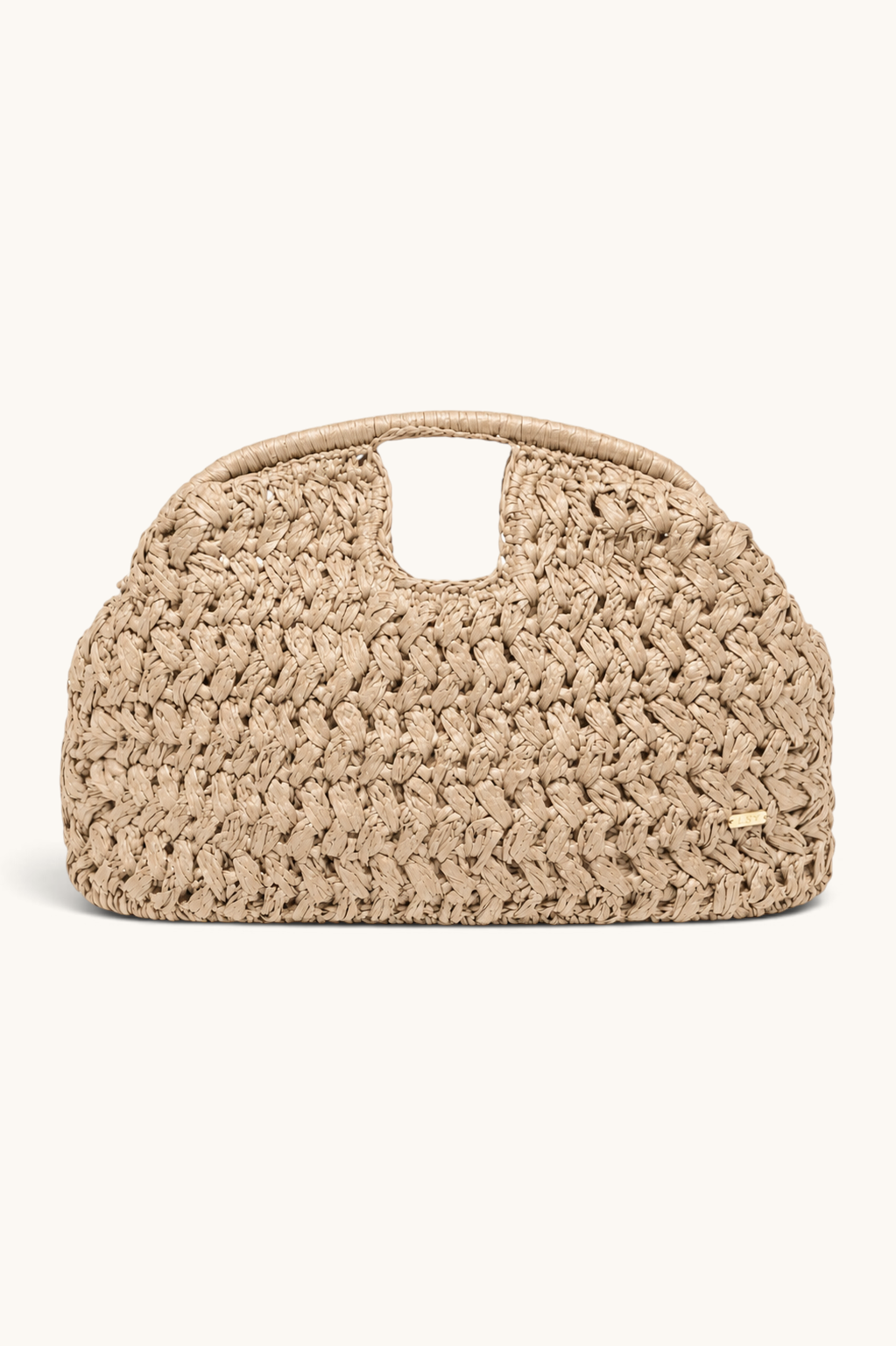 LOSYANA beige woven straw handbag with a unique cutout handle design and a small gold logo plaque.