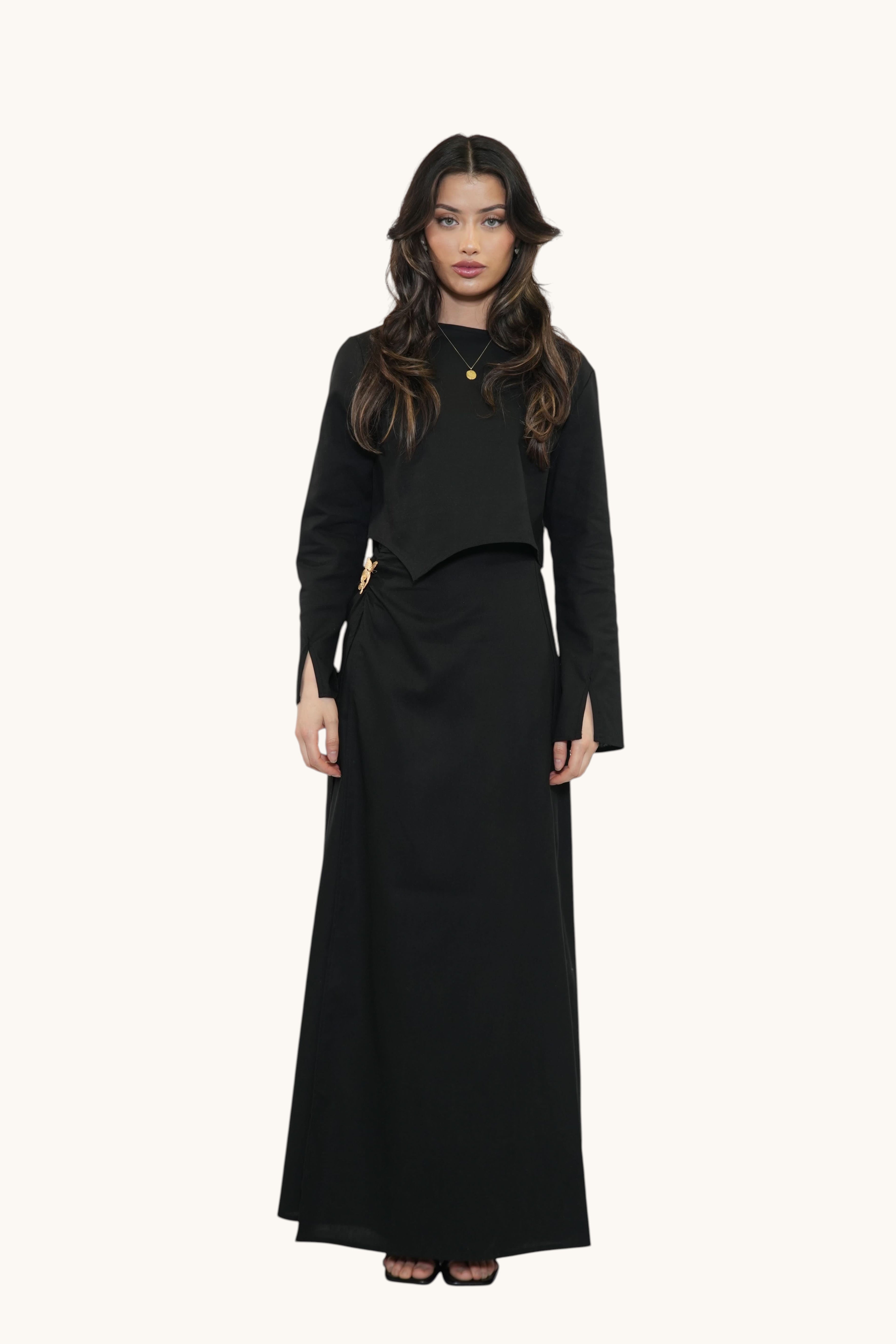 LOSYANA black Mediterrance Serenity Set featuring a long-sleeve crop top and matching maxi skirt in linen-cotton blend