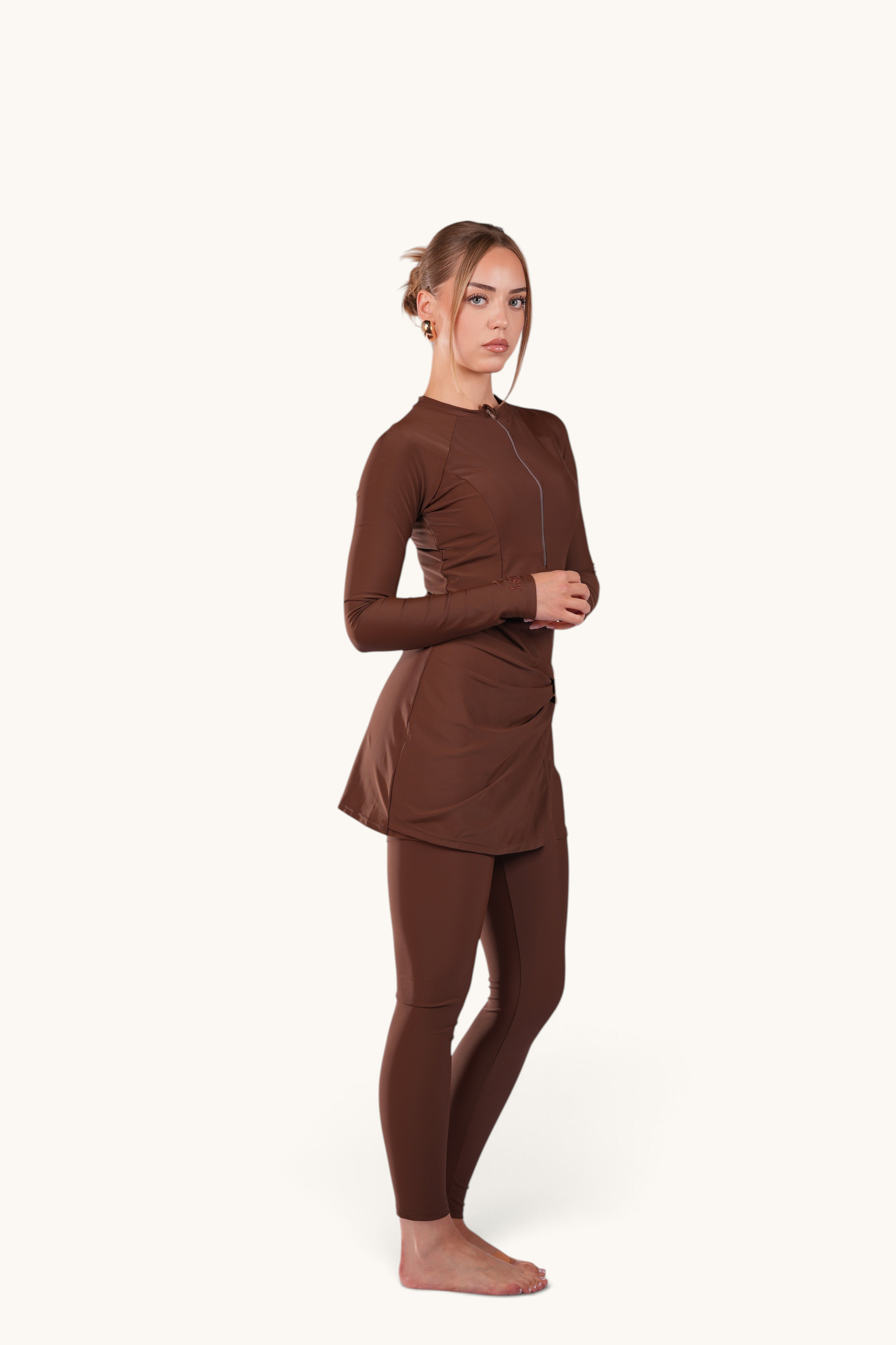 LOSYANA Costa Blanca espresso brown burkini with front zipper, hip ruching, gold detail, and matching swim cap.