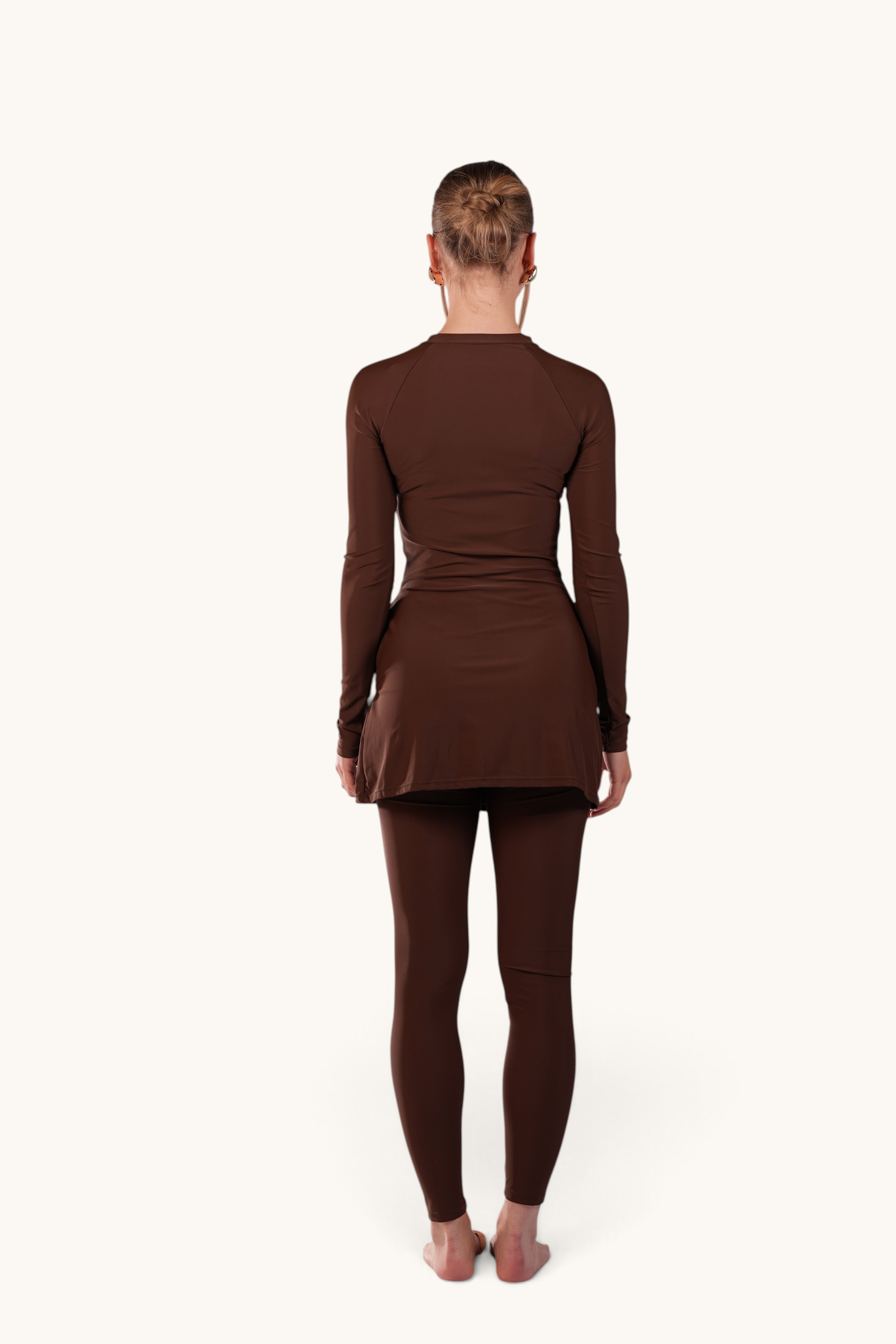 LOSYANA Costa Blanca espresso brown long-sleeved burkini with leggings and matching swim cap, back view