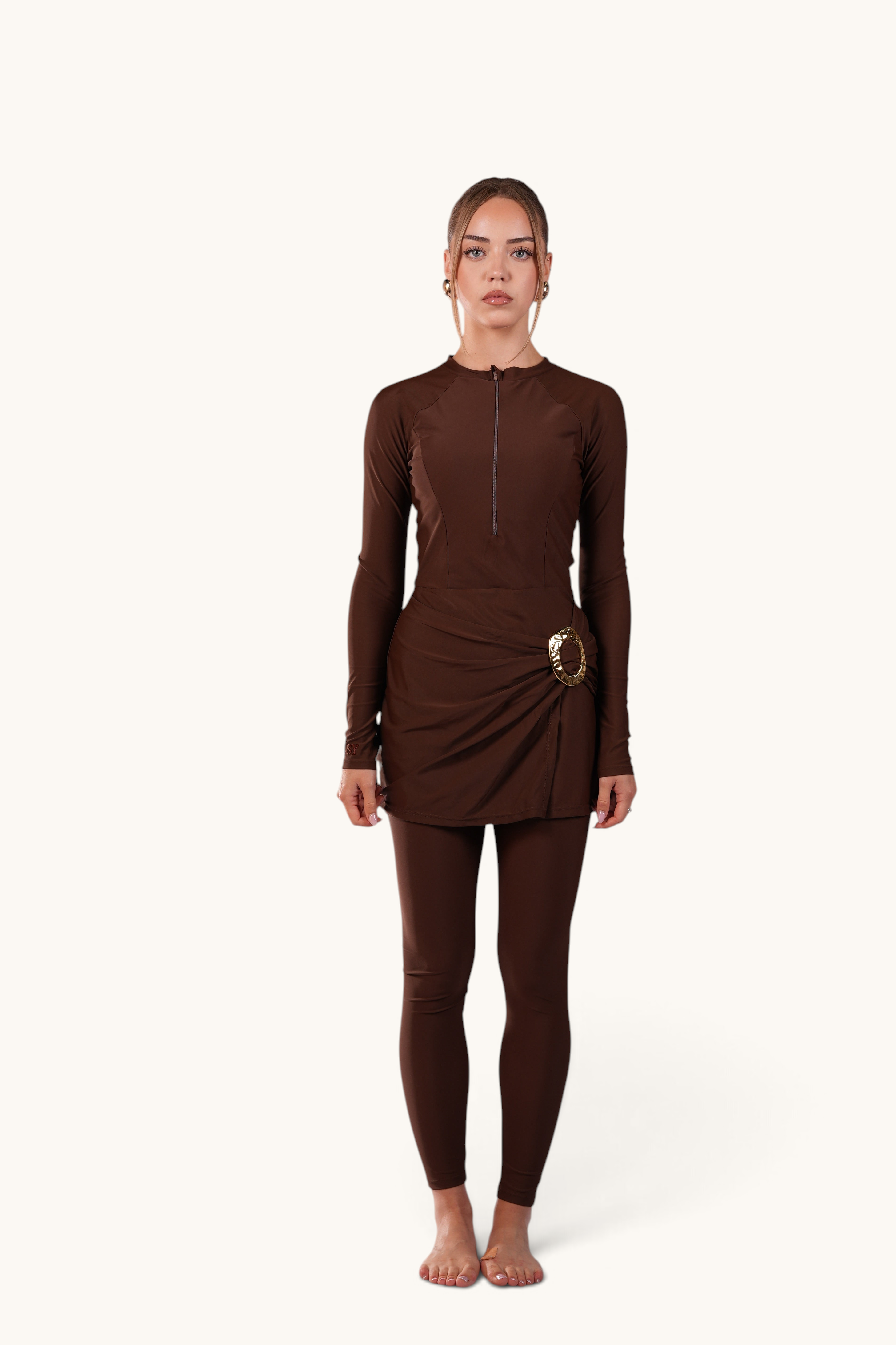 LOSYANA Costa Blanca espresso brown burkini with long sleeves, front zipper, and elegant gold hip detail on model