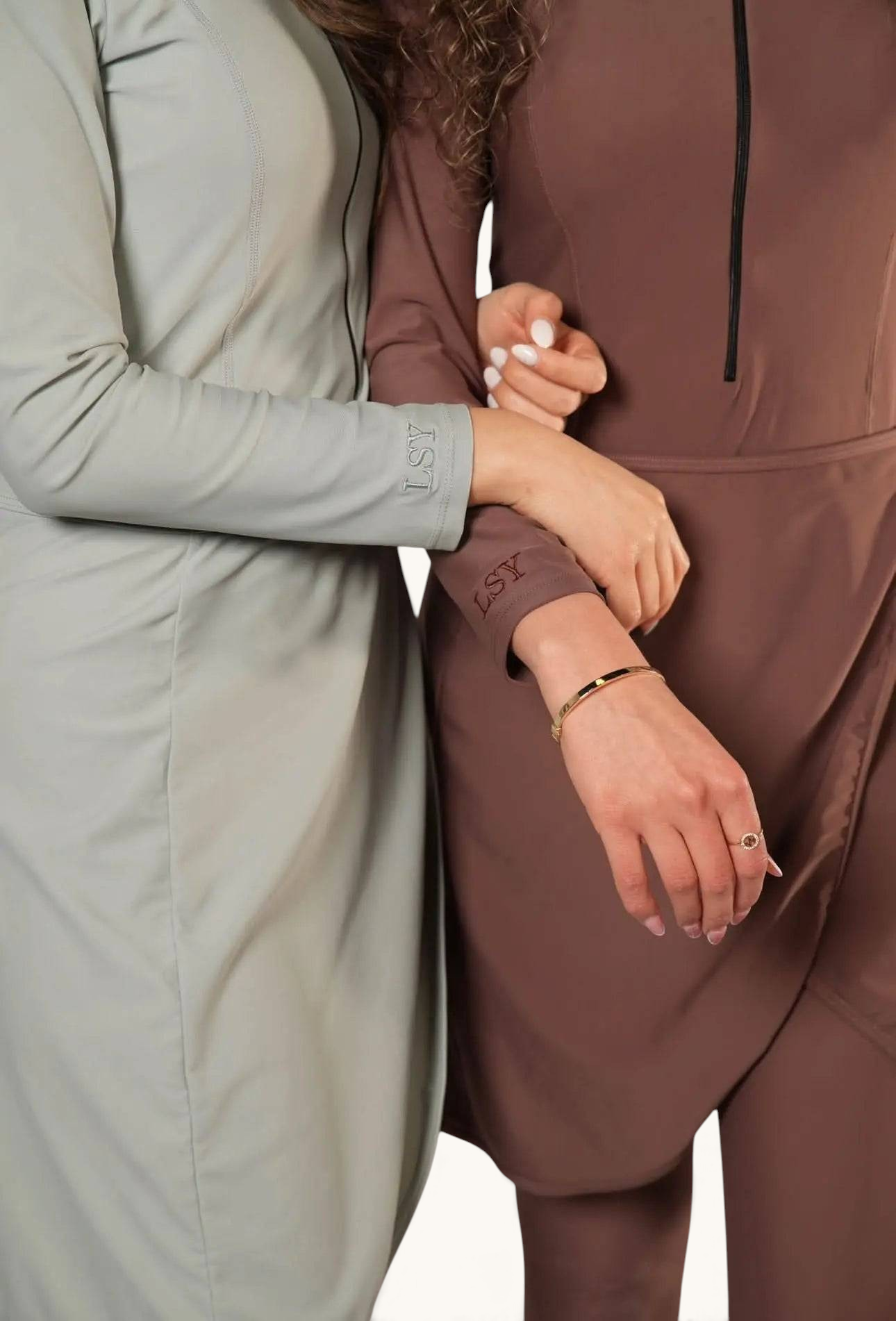 LOSYANA Costa Mare three-piece burkini in brown and sage green with long sleeves and LSY logo detail on cuffs