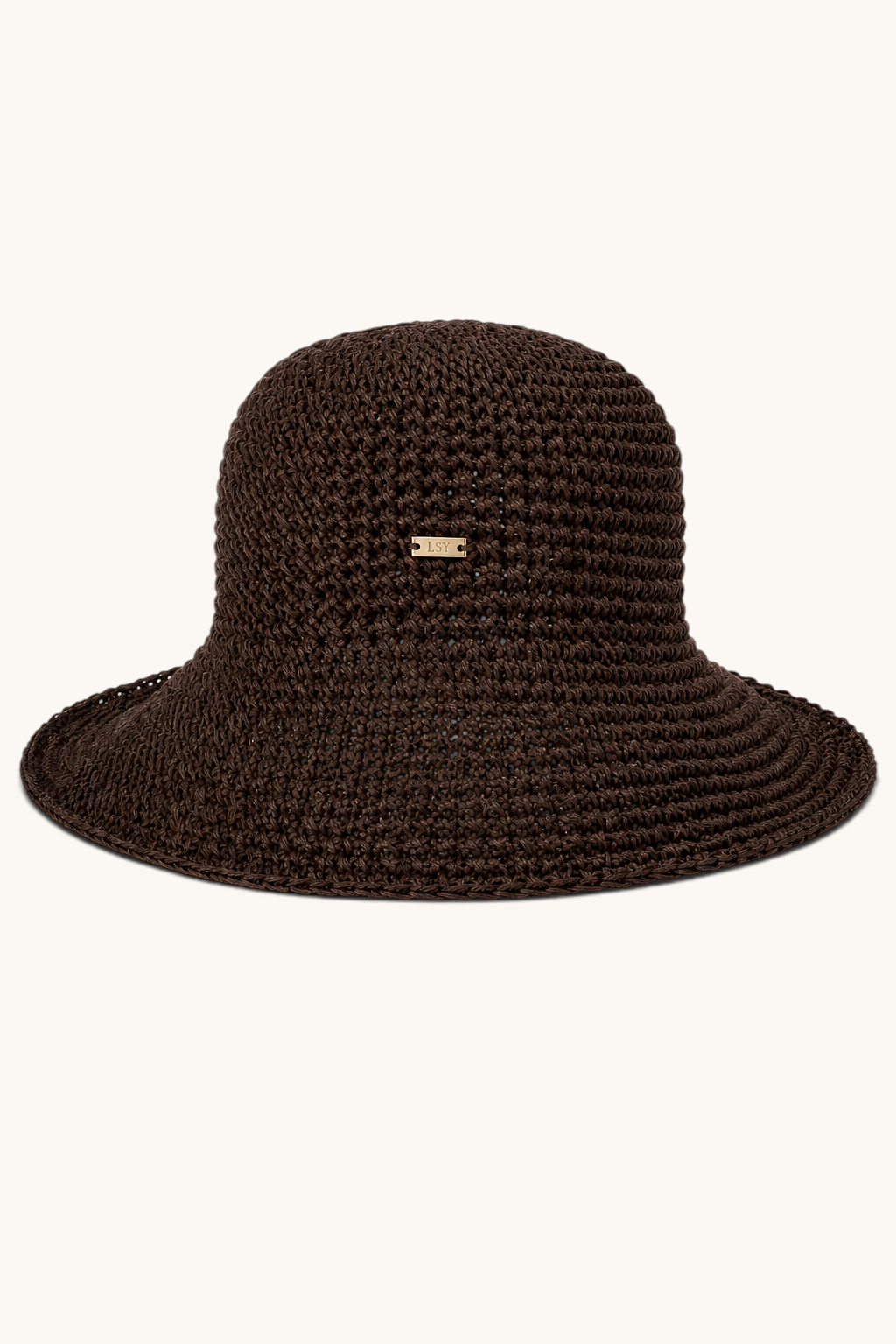 LOSYANA espresso brown hand-woven straw hat with a flexible brim and a small gold LSY logo plaque.
