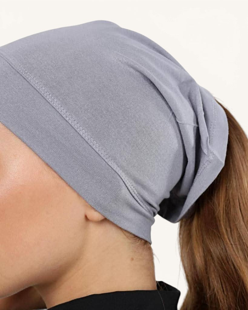 LOSYANA bone open fold underscarf in grey, a comfortable fabric hijab cap for secure hair coverage.